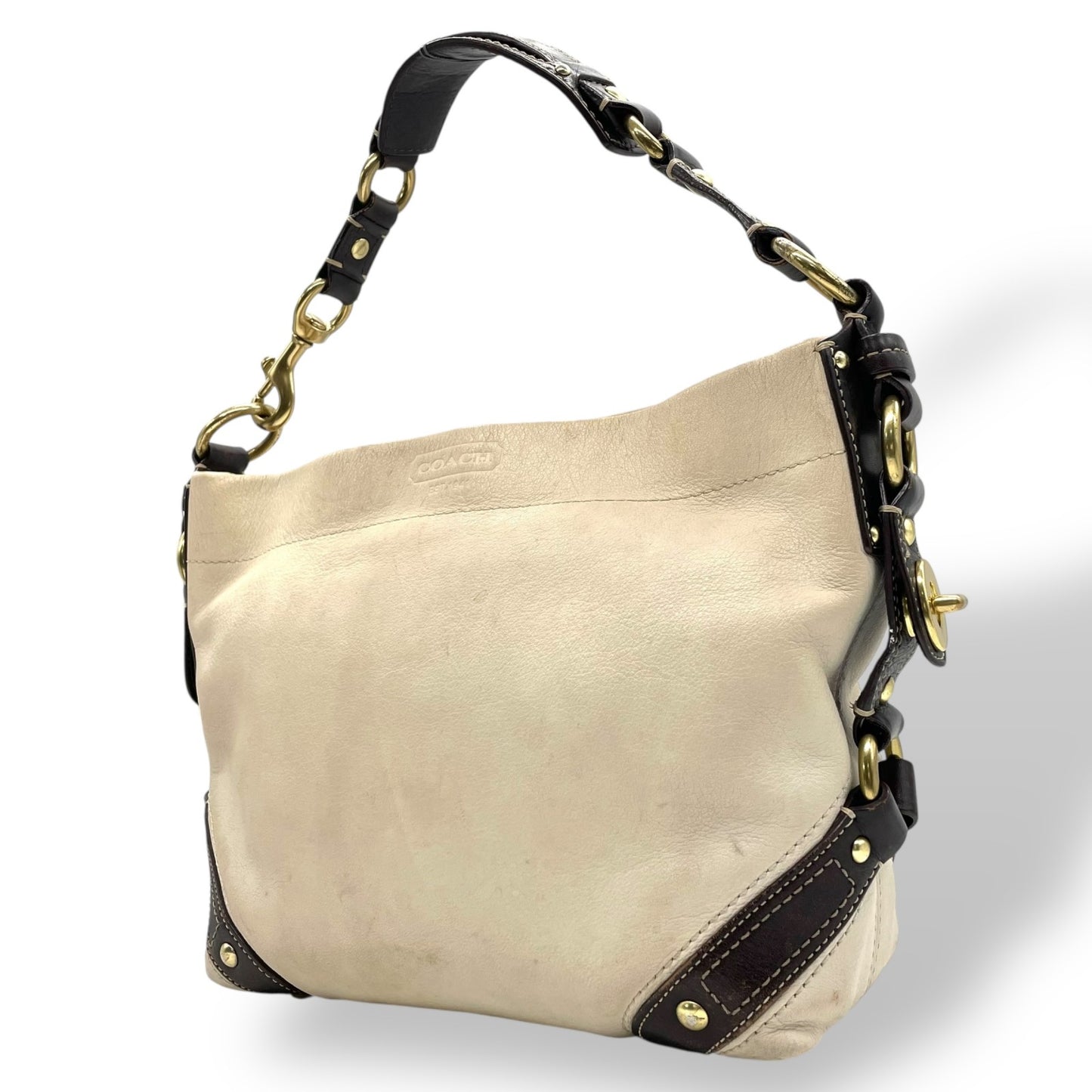 COACH コーチ カーリー ショルダーバッグ ワンショルダー セミショルダー ハンドバッグ レザー アイボリー ブラウン 茶 ゴールド金具 10615 ターンロック ベルト 肩掛け可 レディース T4