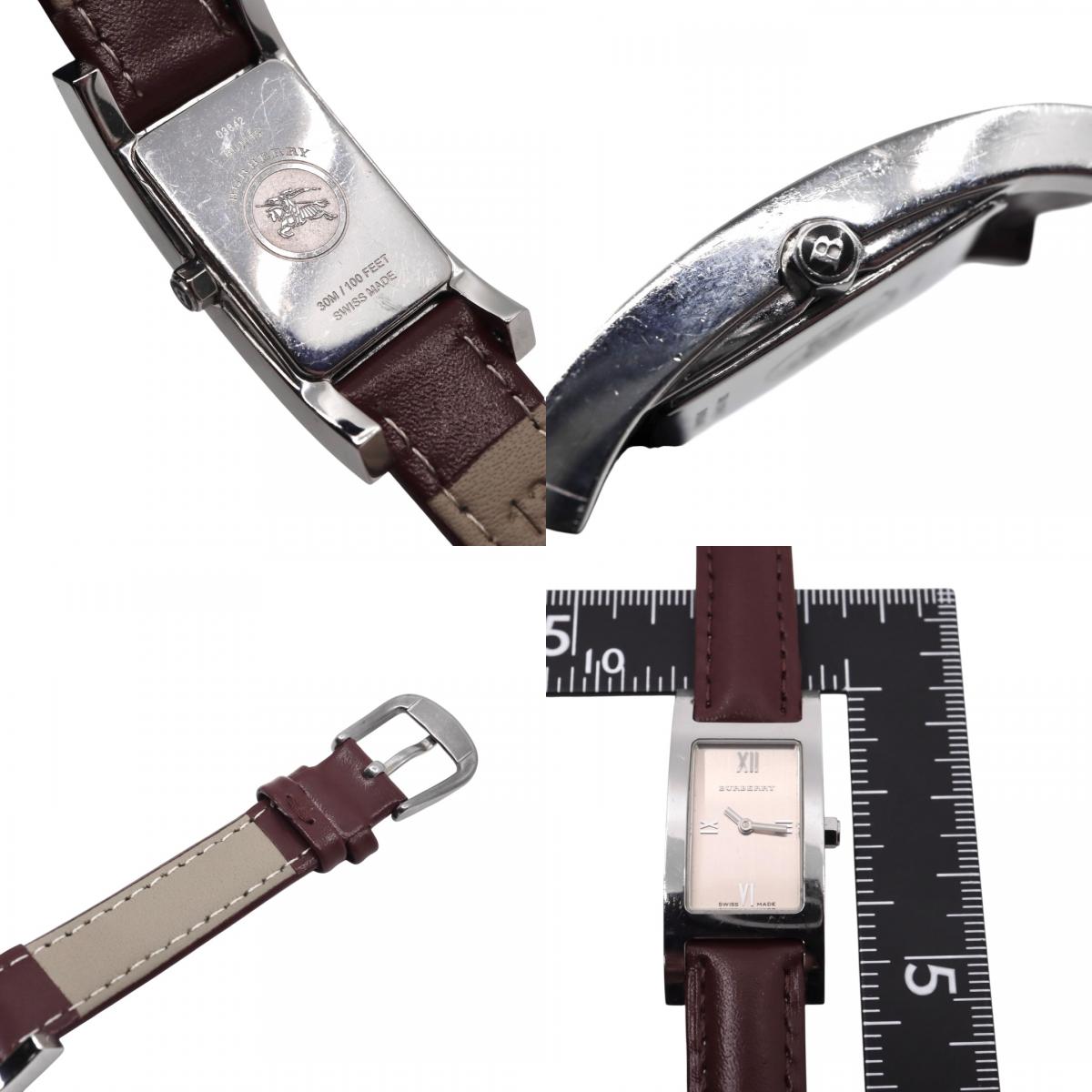 【美品／電池交換済／新品ベルト(社外品)】バーバリー BURBERRY BU1015 レディース腕時計 クオーツ アナログ レクタンギュラー スクエア シルバー ブラウン文字盤 ボルドーレザー クラシック エレガント スイス製 クリーニング済 G2