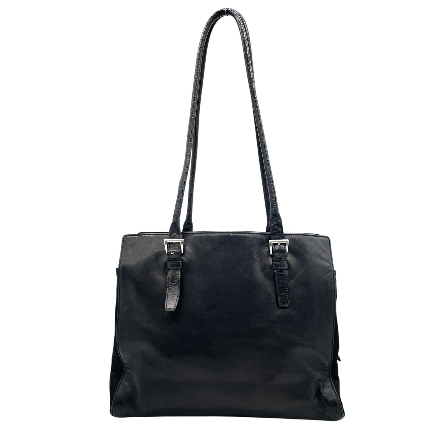 PRADA プラダ トートバッグ ワンショルダーバッグ 黒 ブラック NERO オールレザー シルバー金具 B5339 型押しロゴ 肩掛け可 ファスナー開閉 レディース D7