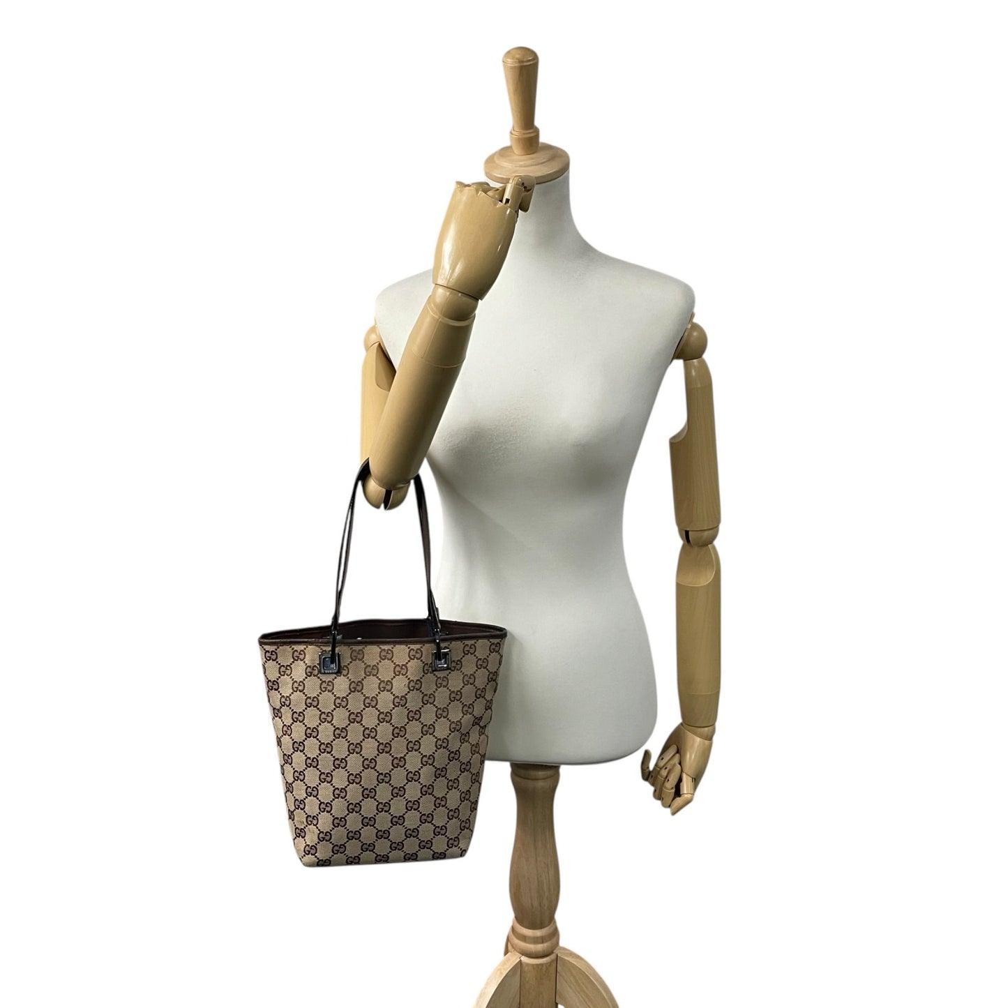 極美品 グッチ GUCCI トートバッグ ロングハンドル GGキャンバス ベージュ ブラウン レザー シルバー金具 ハンドバッグ K11