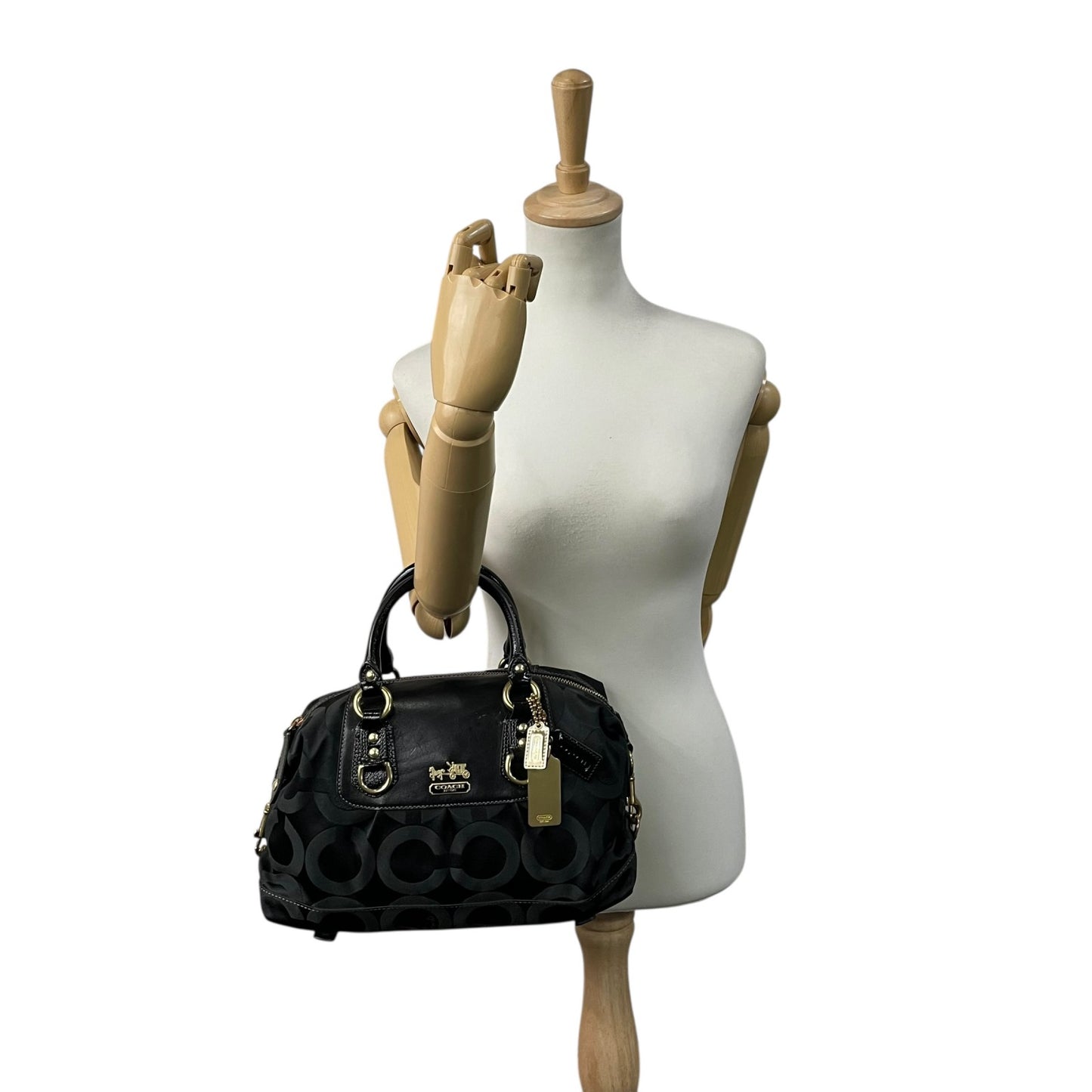 コーチ COACH 2WAY ハンドバッグ ボストンバッグ ショルダーバッグ 12947 シグネチャー 黒 ブラック ジャガード レザー 金金具 ゴールド金具 チャーム付き E5