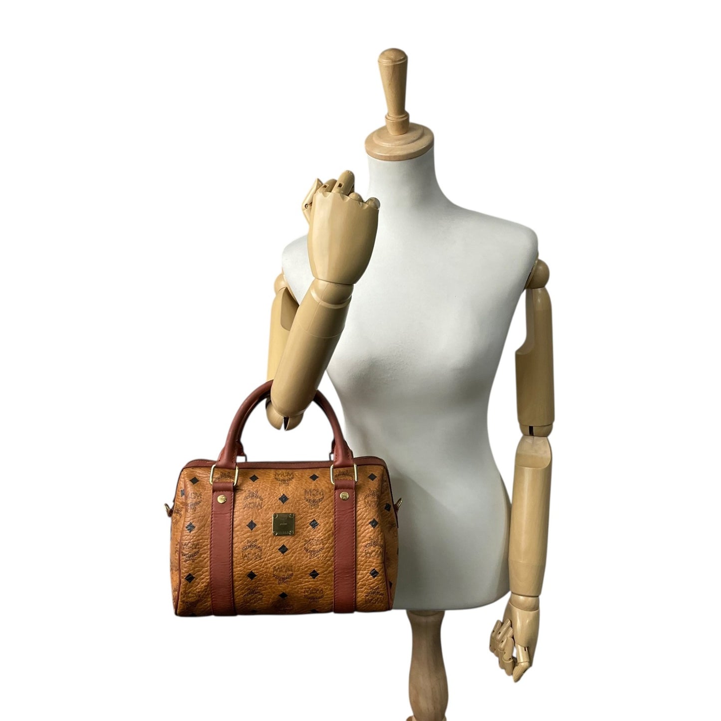 エムシーエム MCM ヴィセトス 2WAY ハンドバッグ ミニボストンバッグ ショルダーバッグ 茶 ブラウン コニャック レザー ゴールド金具 斜め掛け可 レディース C