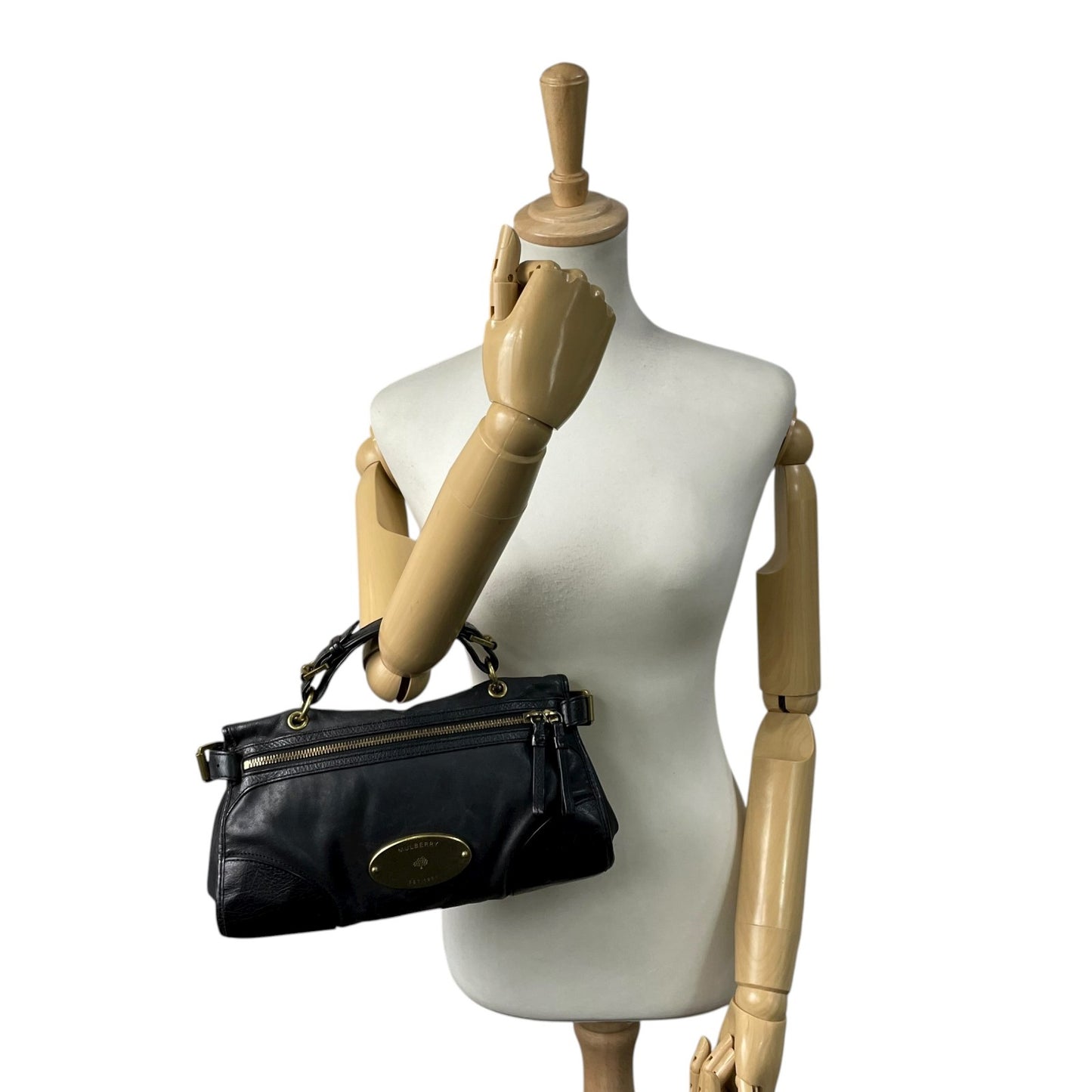 MULBERRY マルベリー 2WAY ハンドバッグ ショルダーバッグ ブラック レザー ゴールド金具 オーバルロゴプレート トップハンドル ヴィンテージ レディース K12