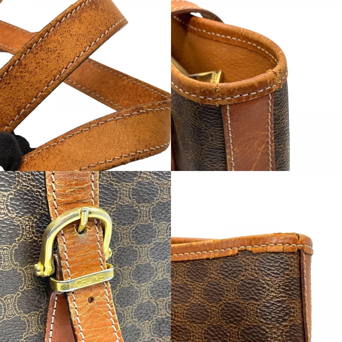 CELINE セリーヌ ヴィンテージ マカダム トートバッグ PVC レザー ブラウン トリオンフ 金具 90s イタリア製 ショルダー可 オールドセリーヌ K9