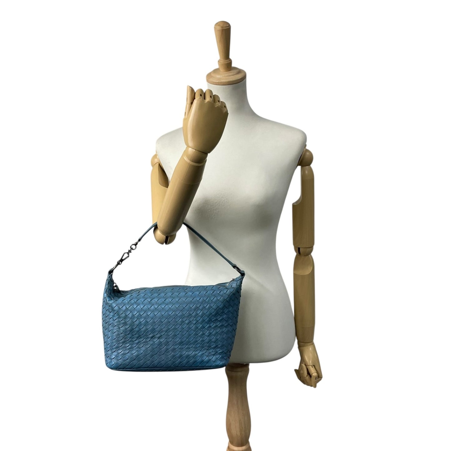 ボッテガヴェネタ イントレチャート ライトブルー レザー ハンドバッグ ショルダー ヴィンテージ 編み込み 革 旧ロゴ イタリア製 上品　k11