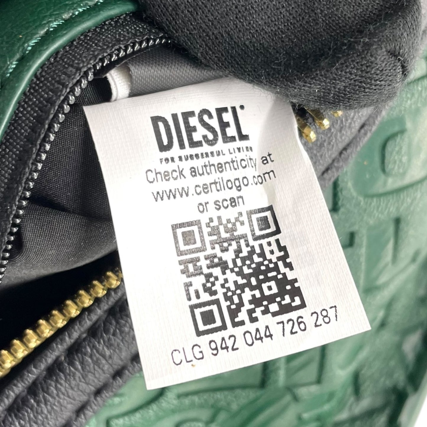 美品 DIESEL ディーゼル エンボス モノグラム ハンドバッグ 2WAY ショルダー ミニボストン 総柄 レザー 本革 グリーン 緑 2WAY ボストンバッグ ショルダーバッグ ゴールド金具 ユニセックス ファスナー開閉 Y2K label C