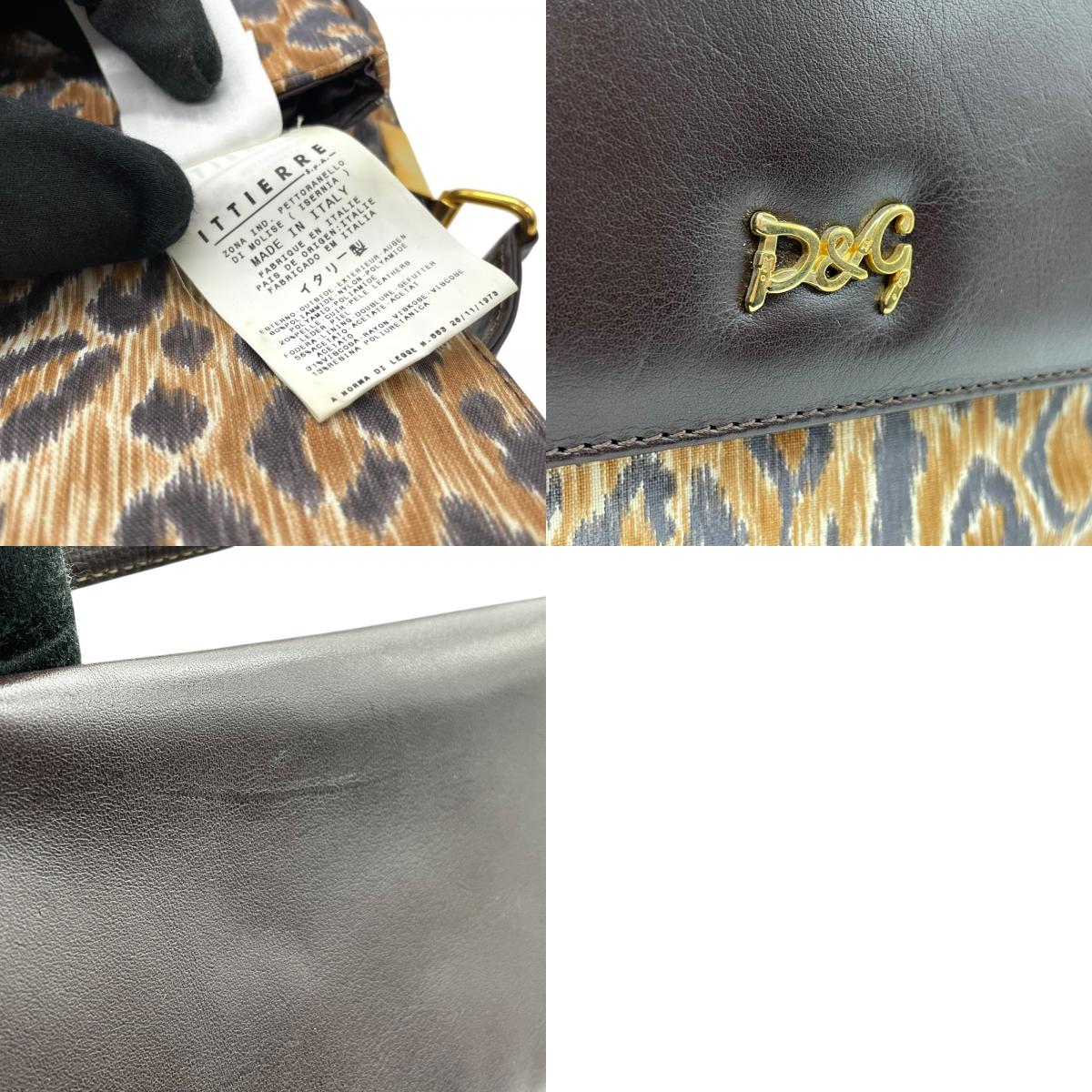 Authentic DOLCE&GABBANA Leopard Print Shoulder Bag Leather Canvas Brown Gold Hardware D&G Logo Flap Women's