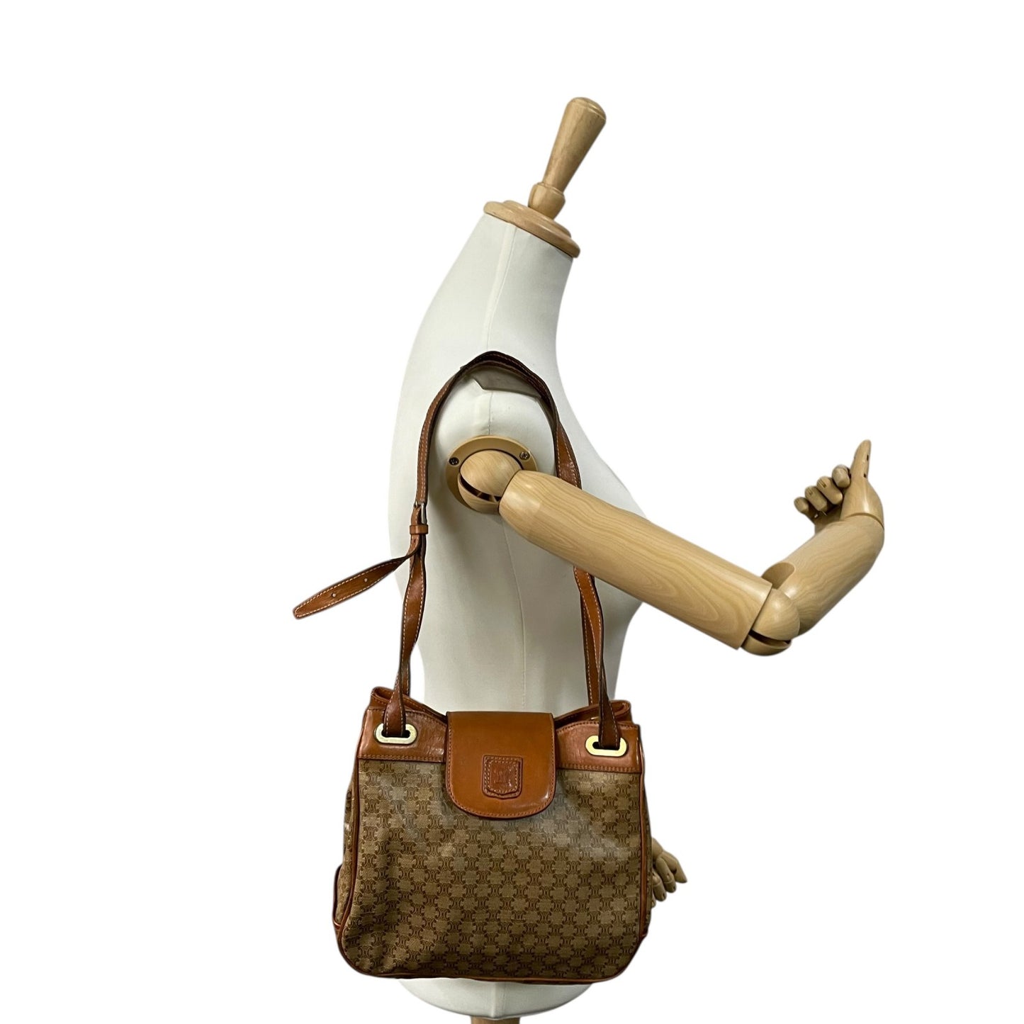 Authentic CELINE Macadam Trionf Shoulder Bag Beige Brown PVC Leather Gold Hardware Women's Flap