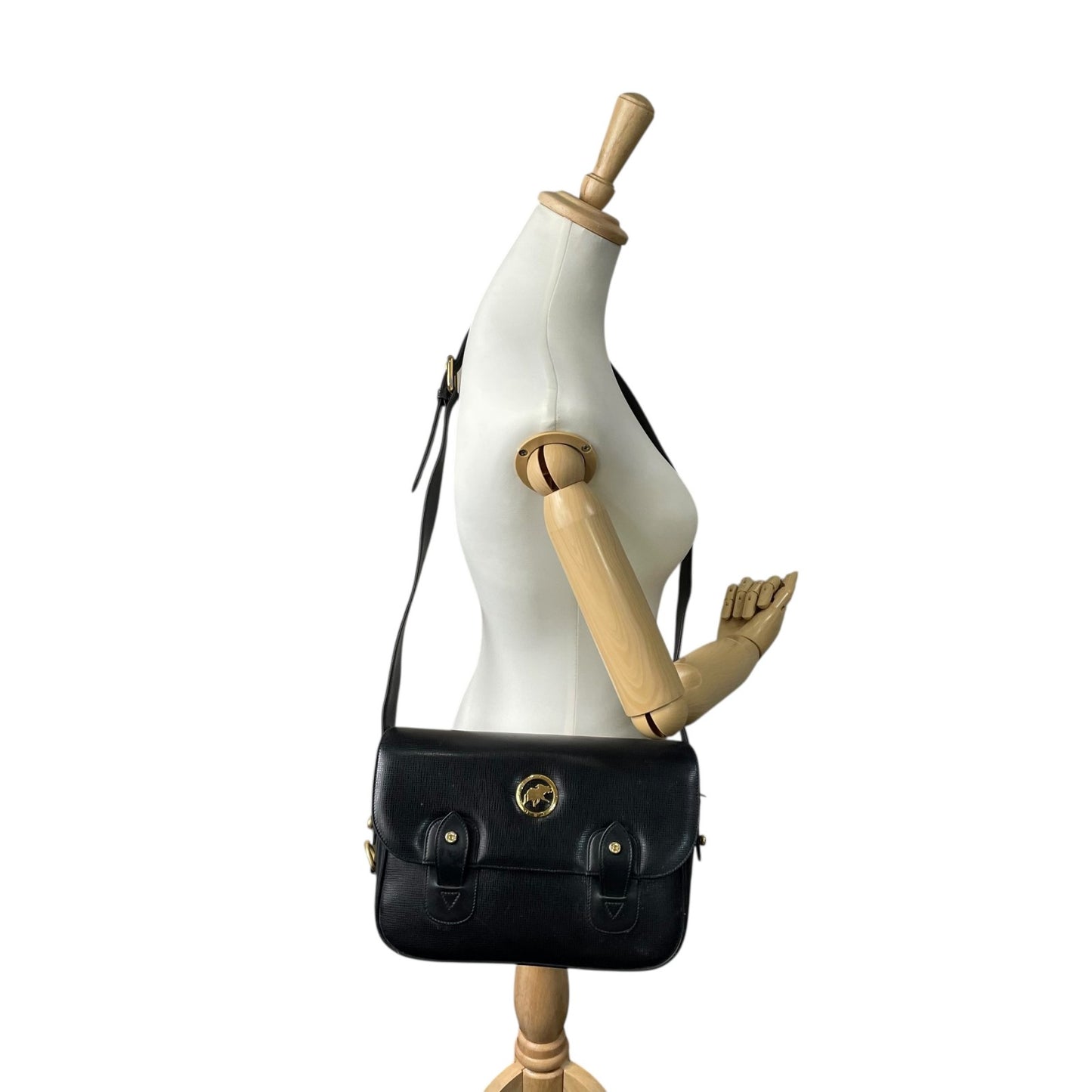 Authentic HUNTING WORLD Carryall Messenger Bag Shoulder Bag Black Leather Gold Hardware Women's Crossbody