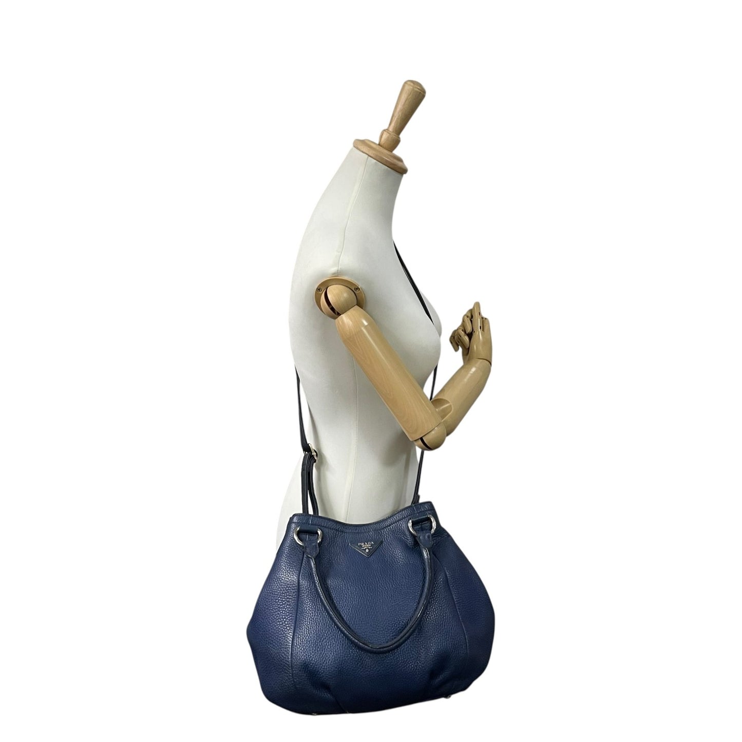 美品 PRADA プラダ 2WAY ハンドバッグ ショルダーバッグ レザー ネイビーブルー ヴィッテロ シルバー金具 B2343M 三角ロゴ 斜め掛け可 手提げ レディース Z4