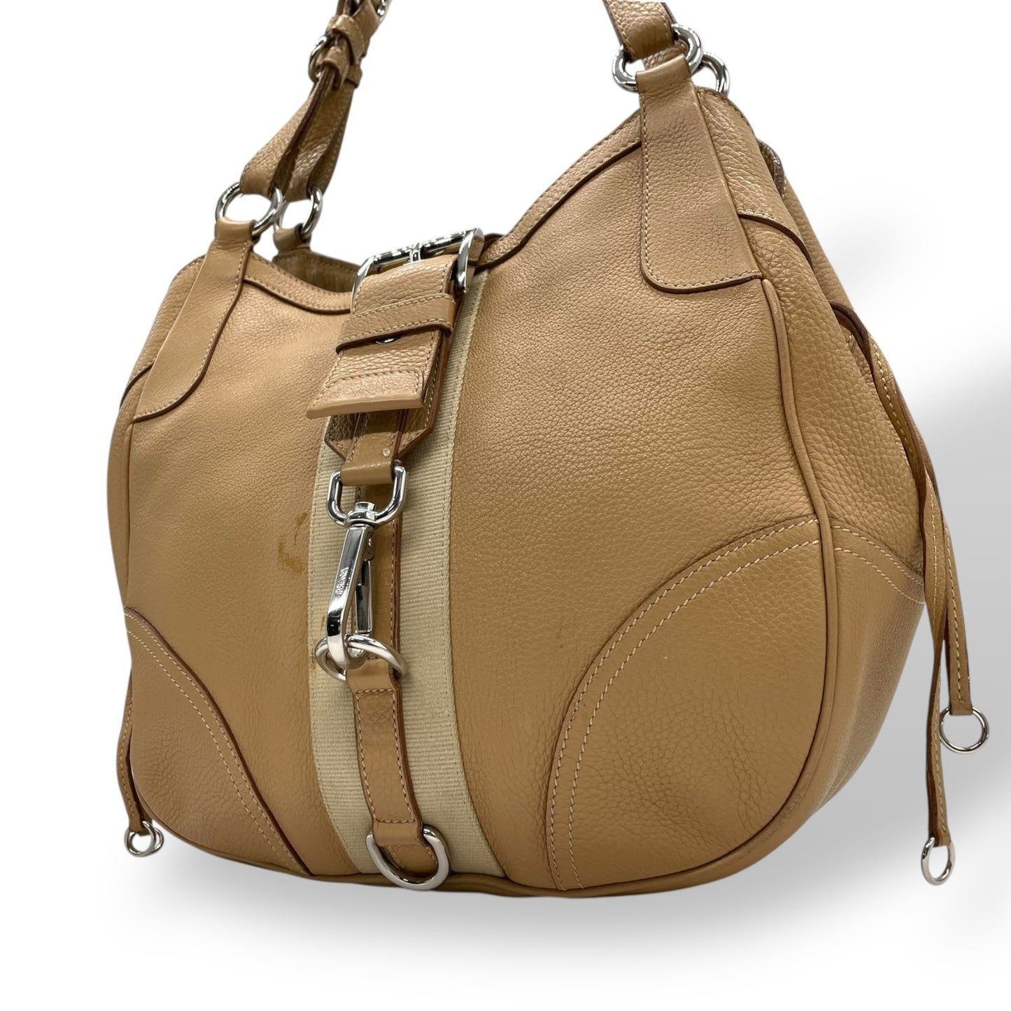 PRADA プラダ ワンショルダーバッグ ライトブラウン ベージュ レザー シボ革 トライアングルロゴ ベルトデザイン シルバー金具 C4