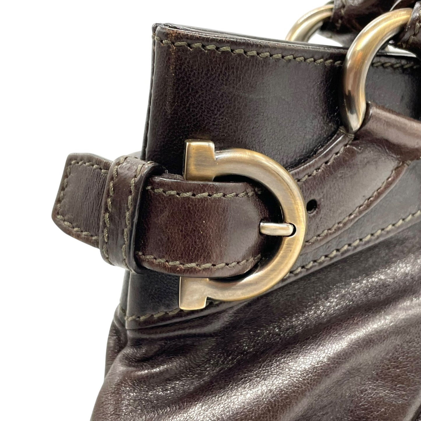 美品 Salvatore Ferragamo フェラガモ ガンチーニ ハンドバッグ レザー 茶 ダークブラウン マリッサ シルバー金具 クロシェット レディース 手提げ K6