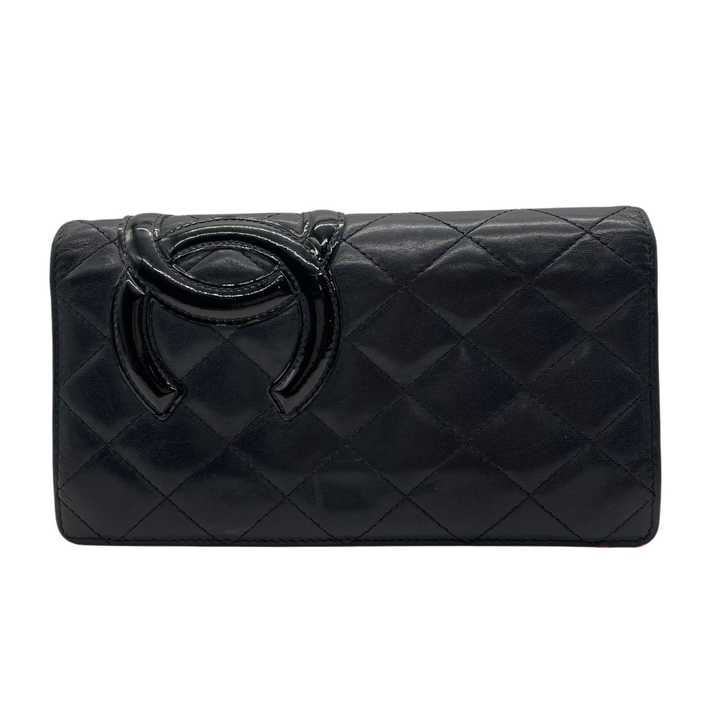 CHANEL シャネル カンボンライン ココマーク 二つ折り 長財布 黒 ブラック ピンク パテントレザー シルバー金具 レディース M5