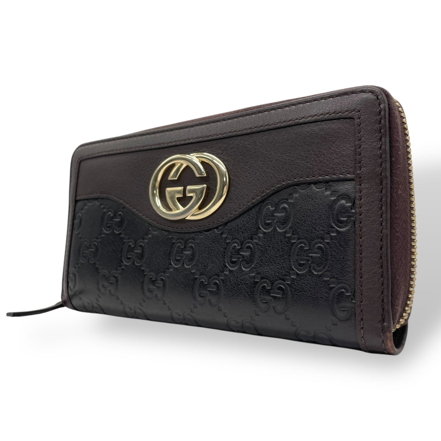Authentic GUCCI Long Wallet Guccissima Black Brown Bicolor Leather Gold Interlocking G