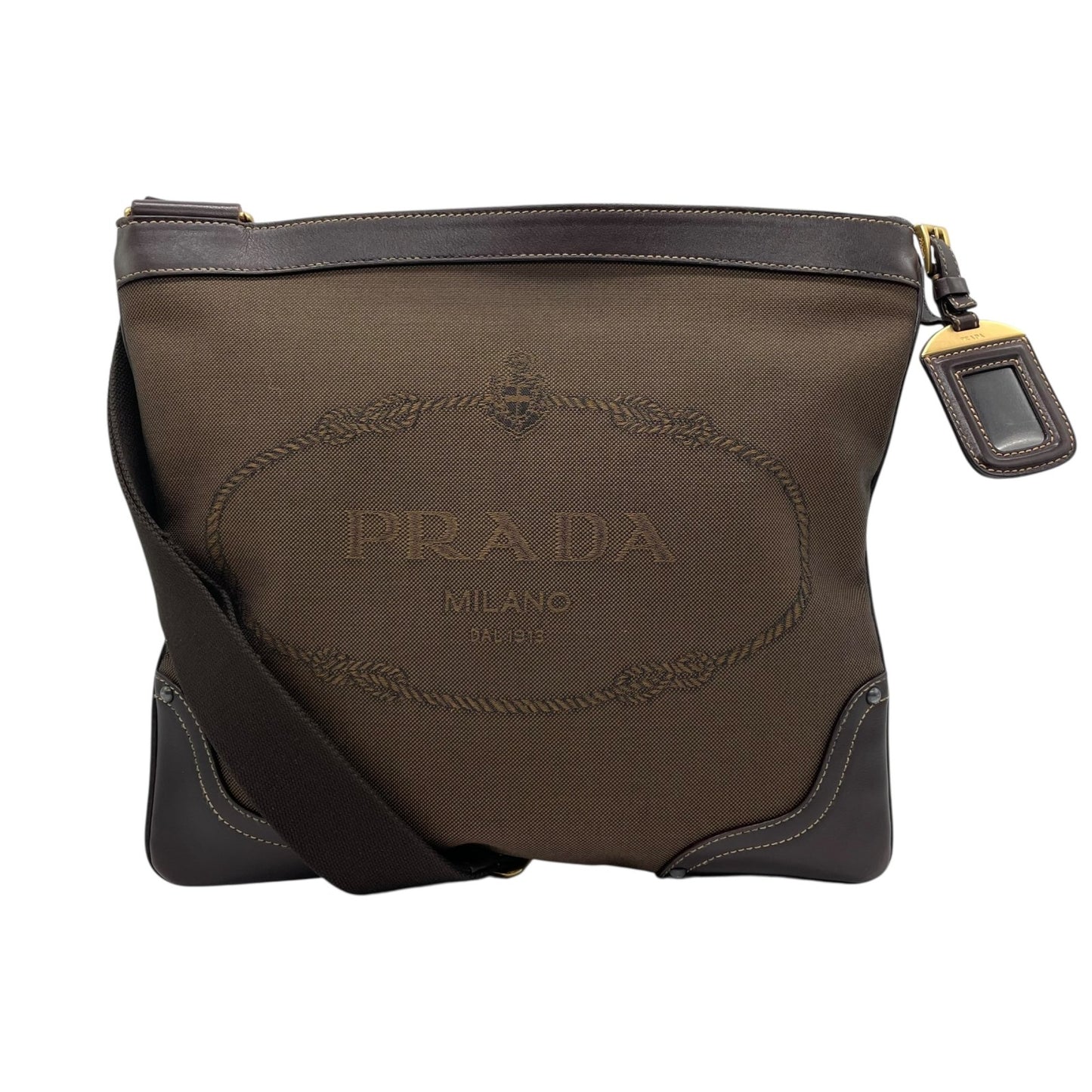 Authentic PRADA Logo Jacquard Large Logo Canvas Leather Shoulder Bag Brown Crossbody Women