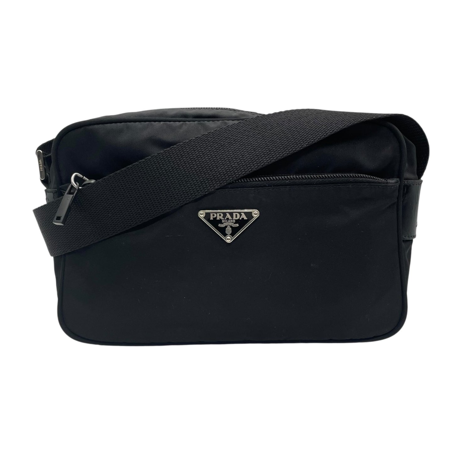 Authentic PRADA Shoulder Bag Triangle Logo Nylon Leather Black Silver Hardware BT0166