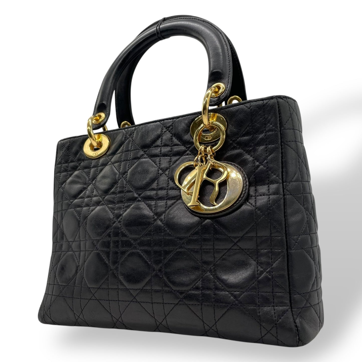 Authentic Christian Dior Lady Dior Quilted Black Leather Handbag Gold Logo Charm