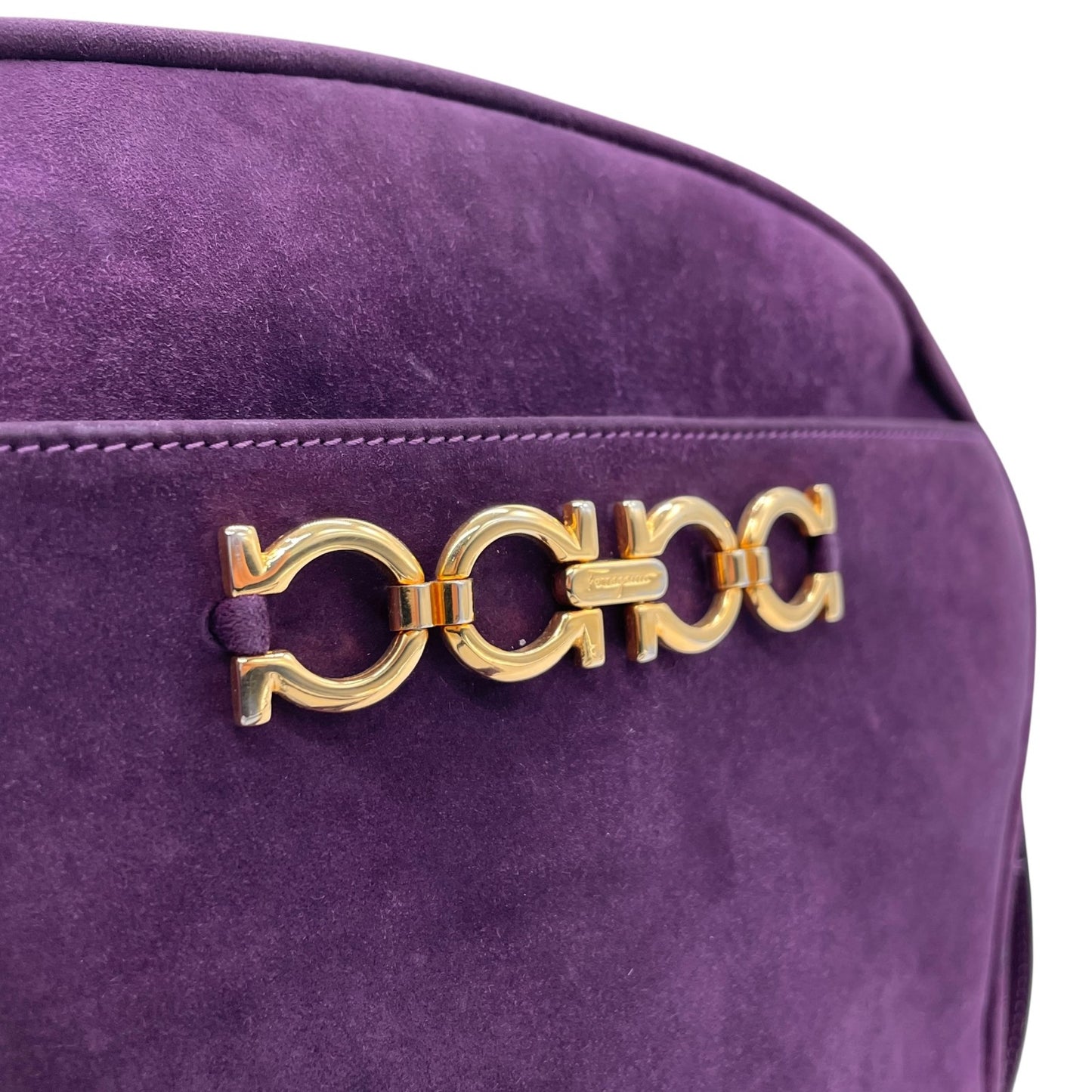 美品 Salvatore Ferragamo フェラガモ ガンチーニ ダブルガンチーニ ショルダーバッグ 紫 パープル スエード ゴールド金具 斜め掛け可 ポシェット ヴィンテージ レディース D7