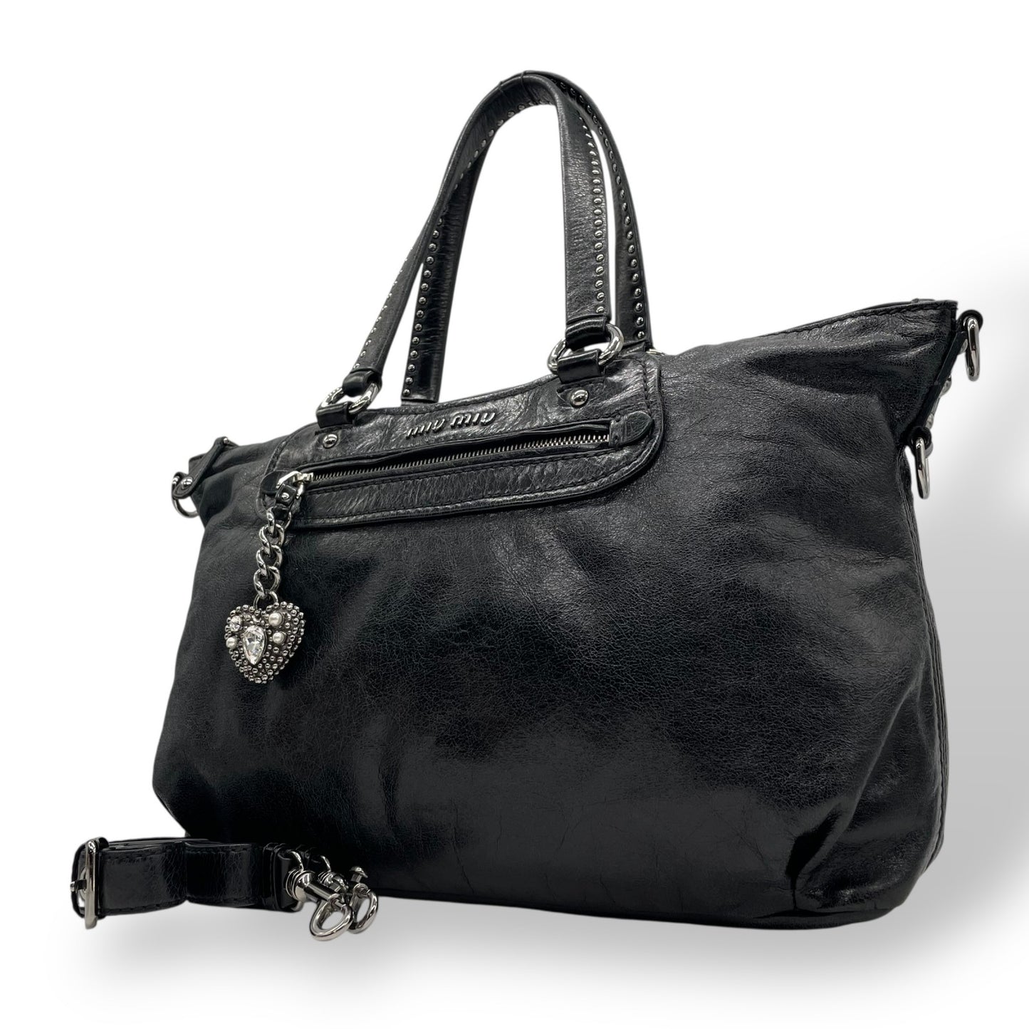 Authentic miumiu 2WAY Handbag Shoulder Bag Black Leather Silver Heart Charm