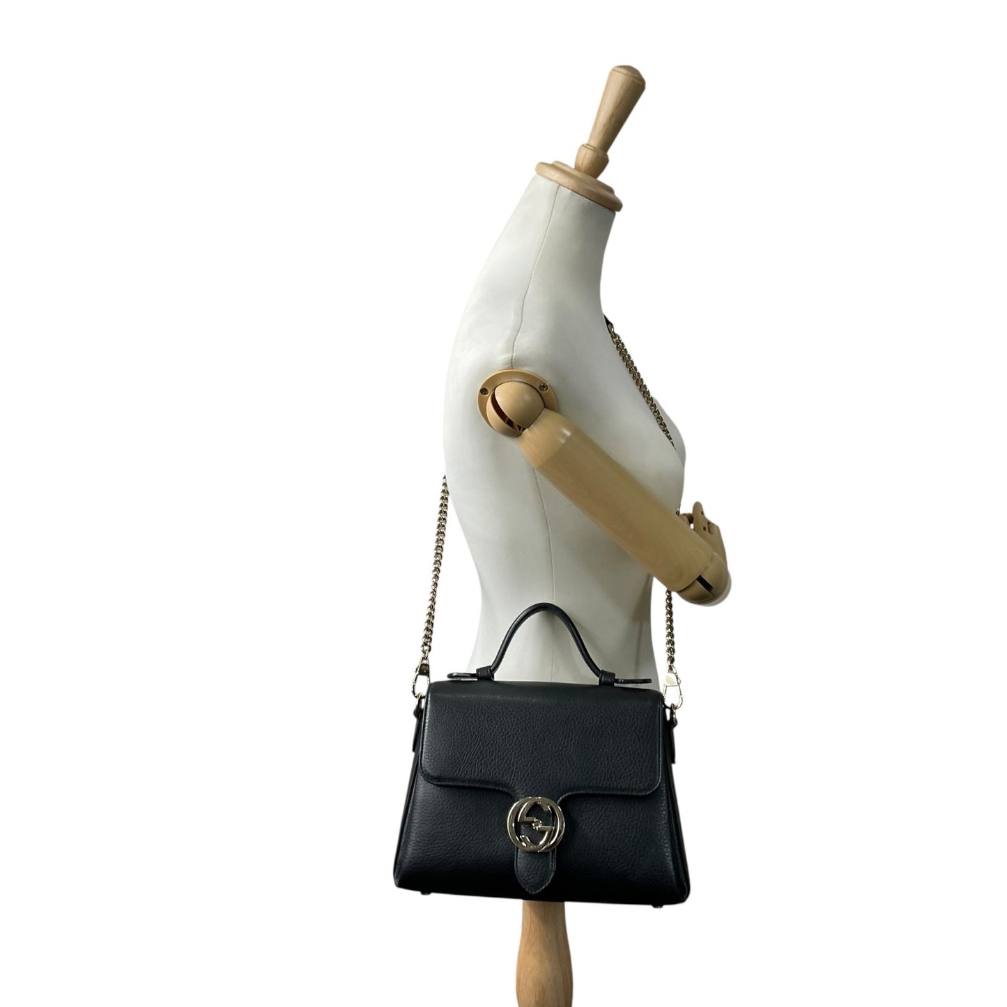 Authentic GUCCI Interlocking G 2Way Handbag Shoulder Bag Black Leather Gold