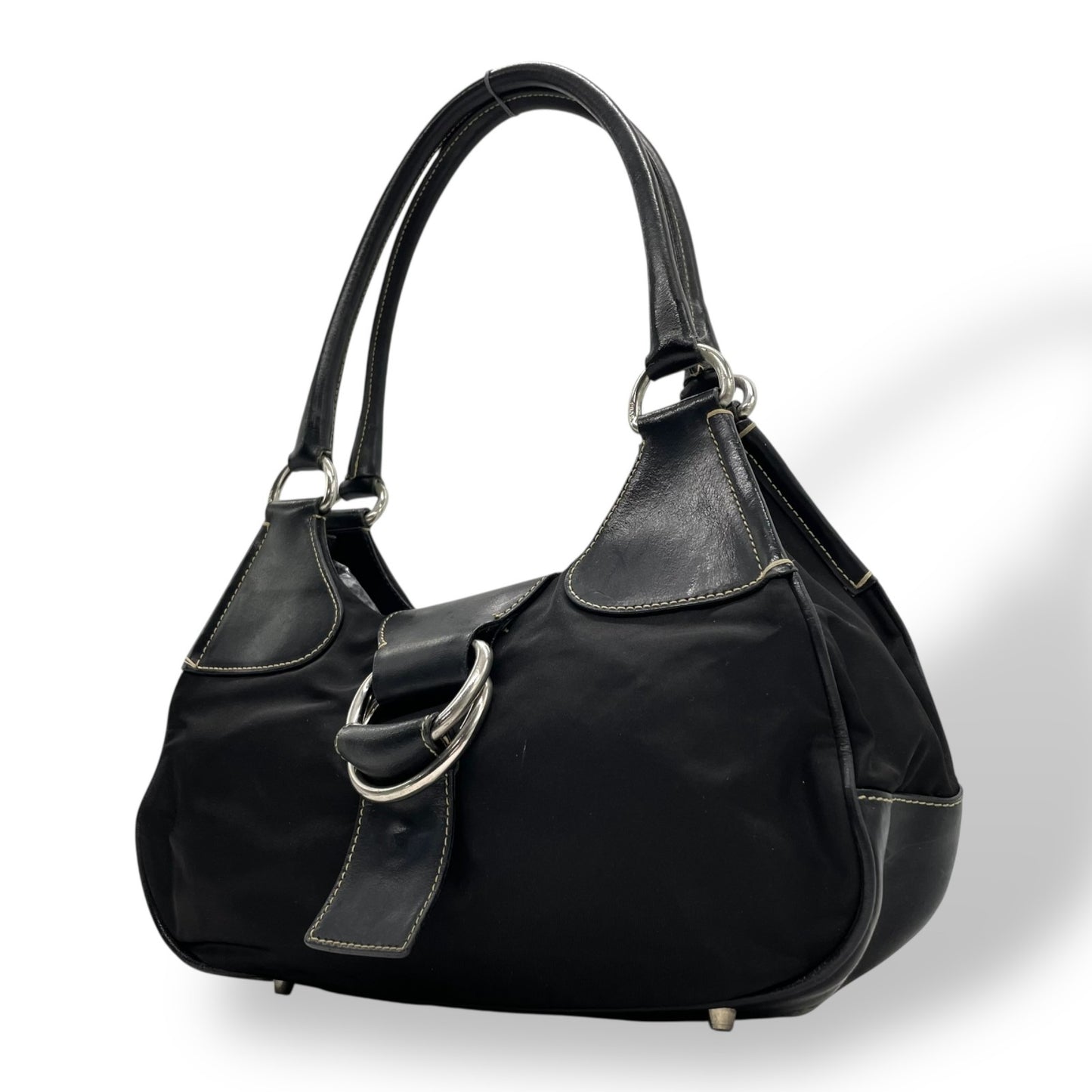 PRADA プラダ ワンショルダーバッグ ショルダーバッグ 黒 ブラック 肩掛け シルバー金具 ベルトデザイン フラップ ナイロン×レザー 三角ロゴ トライアングルロゴ ヴィンテージ テスート D1