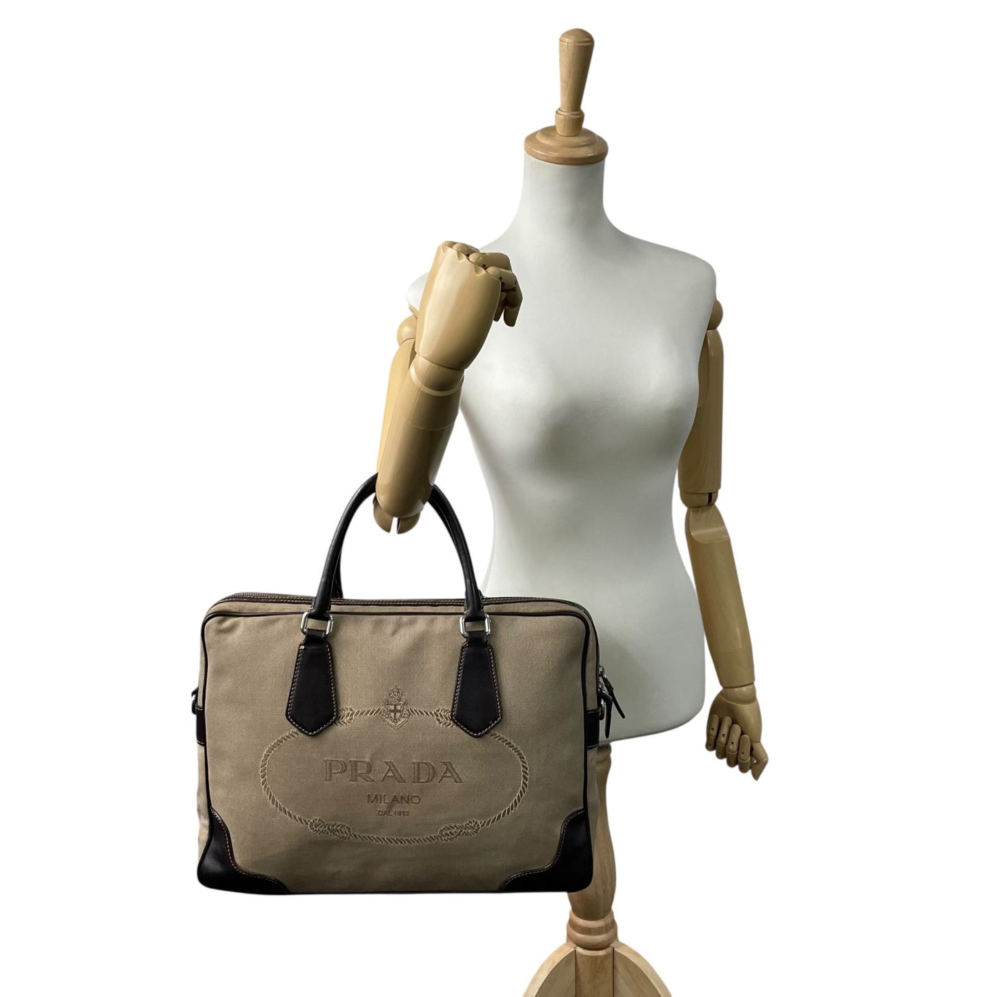 PRADA プラダ ジャガードロゴ 2WAY ビジネスバッグ ショルダーバッグ キャンバス レザー ベージュ ブラウン 南京錠 メンズ レディース Z4