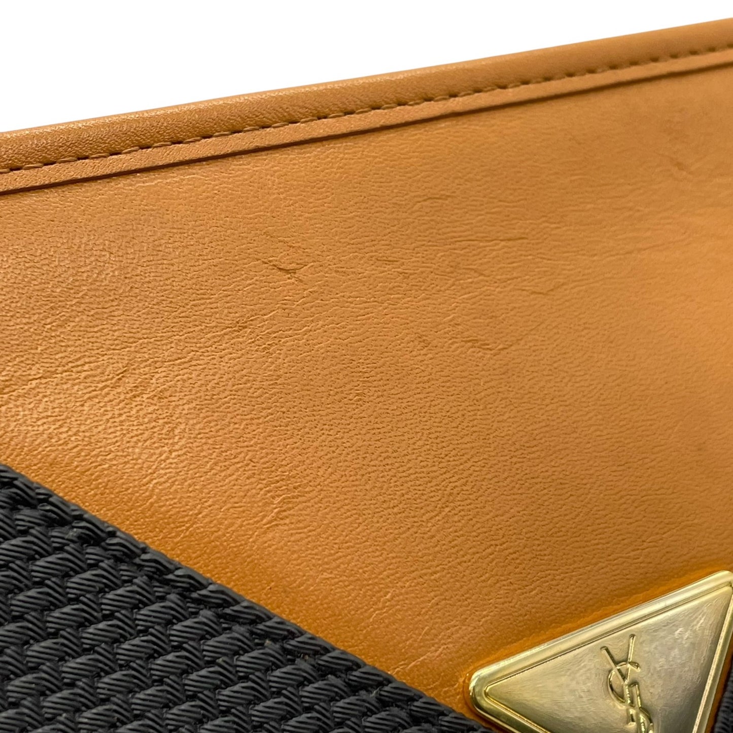 美品 Yves Saint Laurent イヴ サンローラン クラッチバッグ YSLロゴ 紺 ネイビー キャメル ブラウン PVC レザー ゴールド金具 ファスナー開閉 フラップ メンズ レディース ヴィンテージ B3