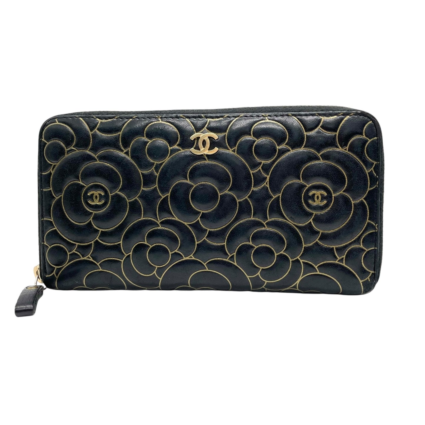 美品 シャネル CHANEL カメリア ラウンドファスナー 長財布 ブラック 黒 レザー 金 ゴールド金具 ココマーク 型押し ウォレット W6