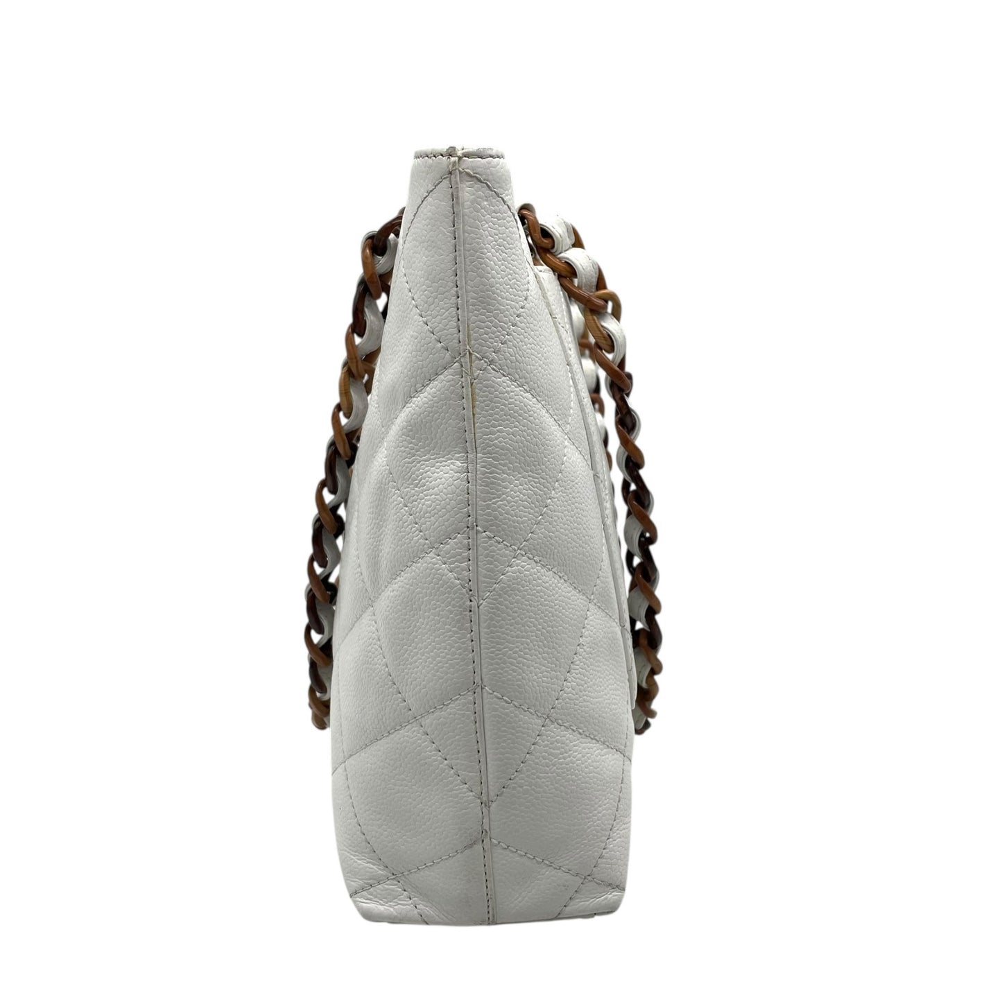 シャネル CHANEL トートバッグ キャビアスキン マトラッセ ココマーク 白 ホワイト ブラウンチェーン シルバー金具 C