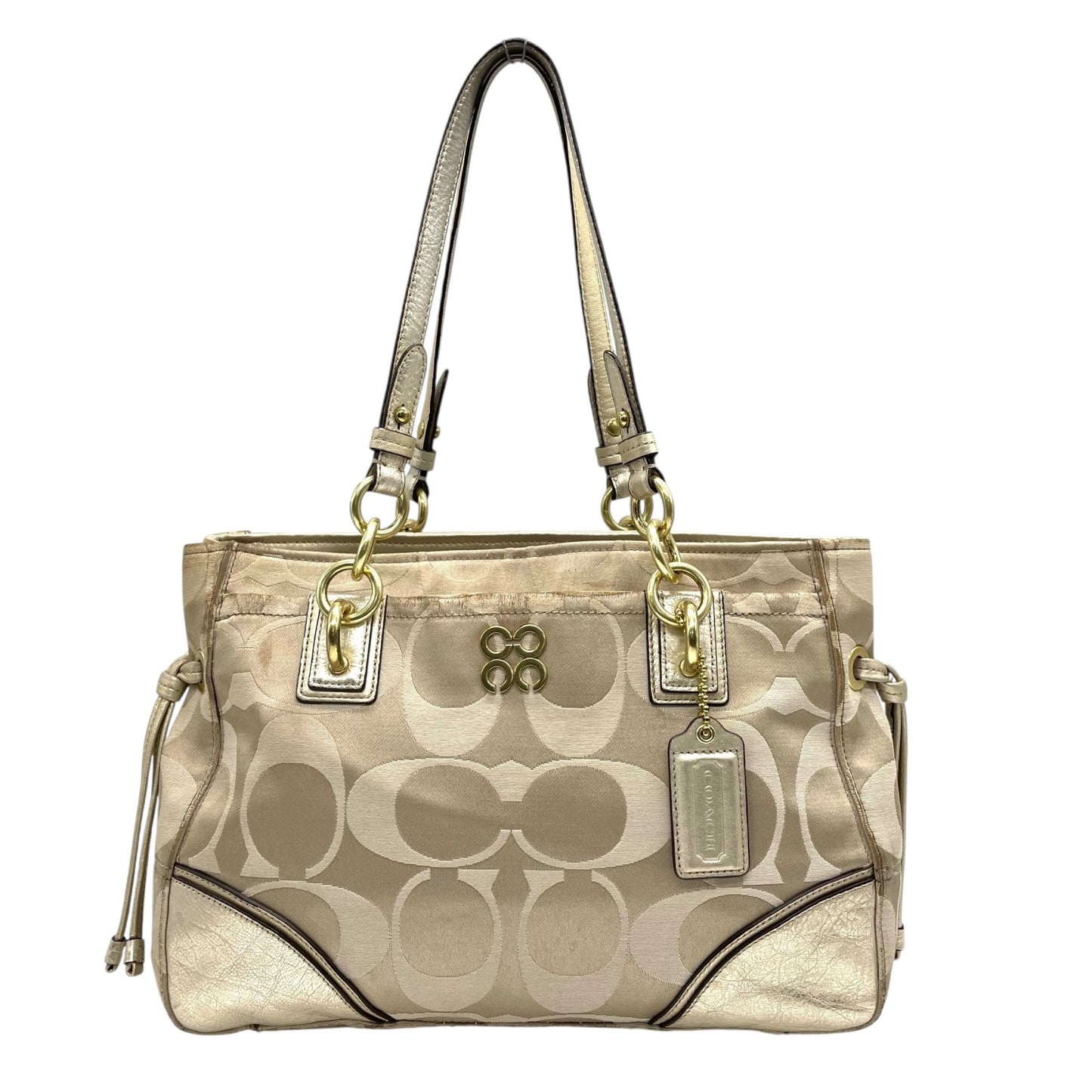 COACH コーチ トートバッグ ショルダーバッグ F16475 コレット シグネチャー キャリーオール サテン キャンバス レザー ベージュ ゴールド 肩掛け可 レディース E10