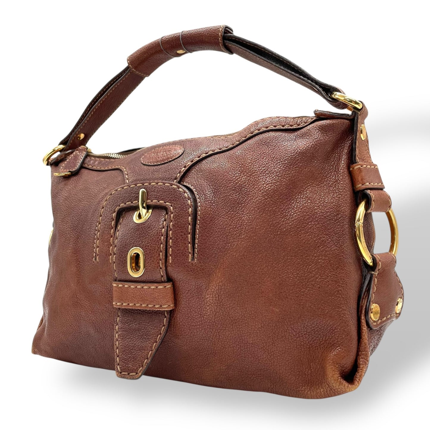 トッズ TOD’S レザー ハンドバッグ 茶色 ブラウン 金金具 ゴールド金具 ステッチデザイン 本革 B4