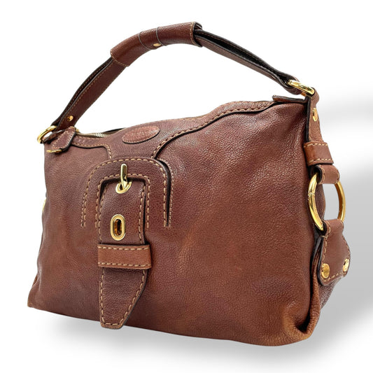 トッズ TOD’S レザー ハンドバッグ 茶色 ブラウン 金金具 ゴールド金具 ステッチデザイン 本革 B4