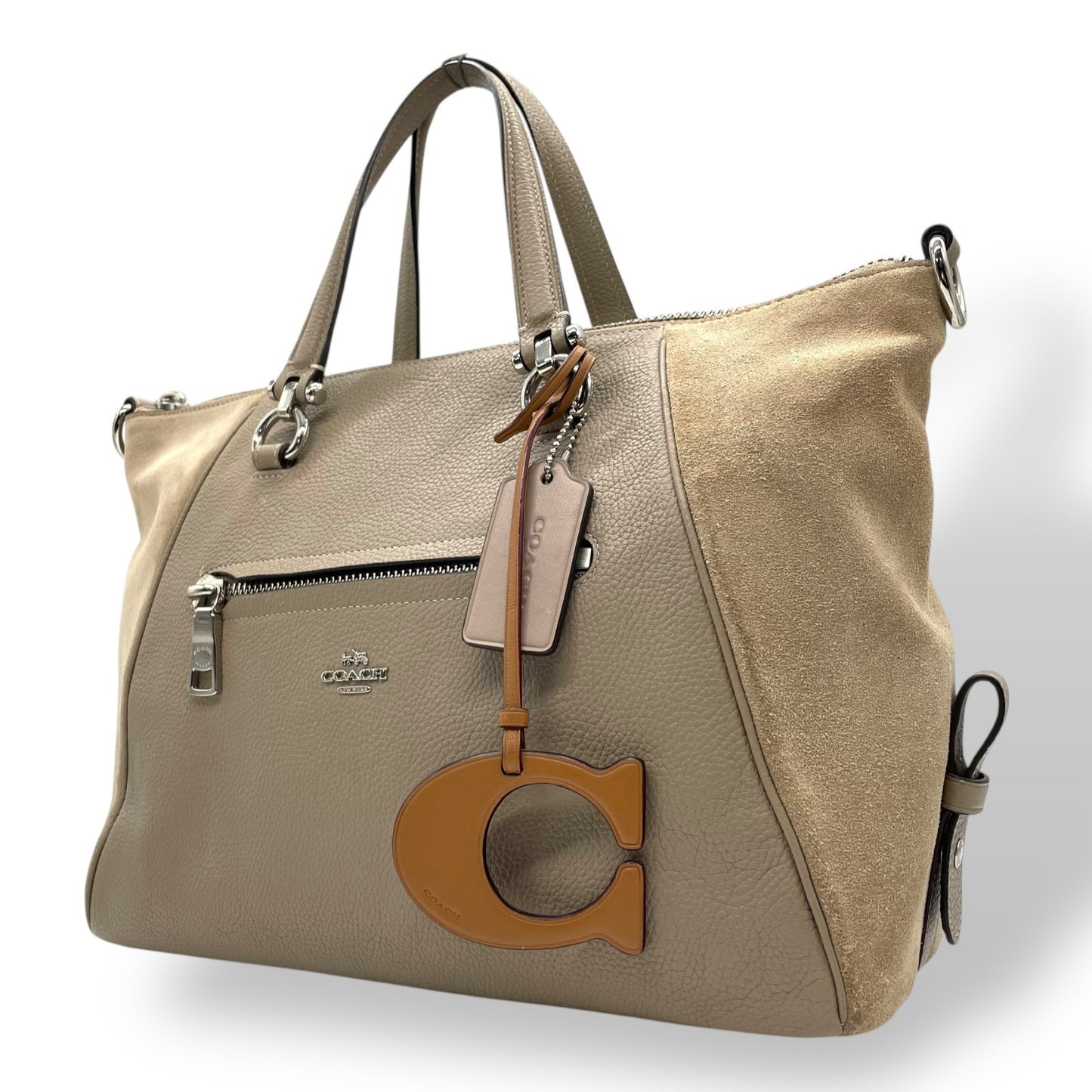 コーチ COACH Cチャーム トートバッグ ハンドバッグ スエード レザー グレー ベージュ シルバー金具 T4
