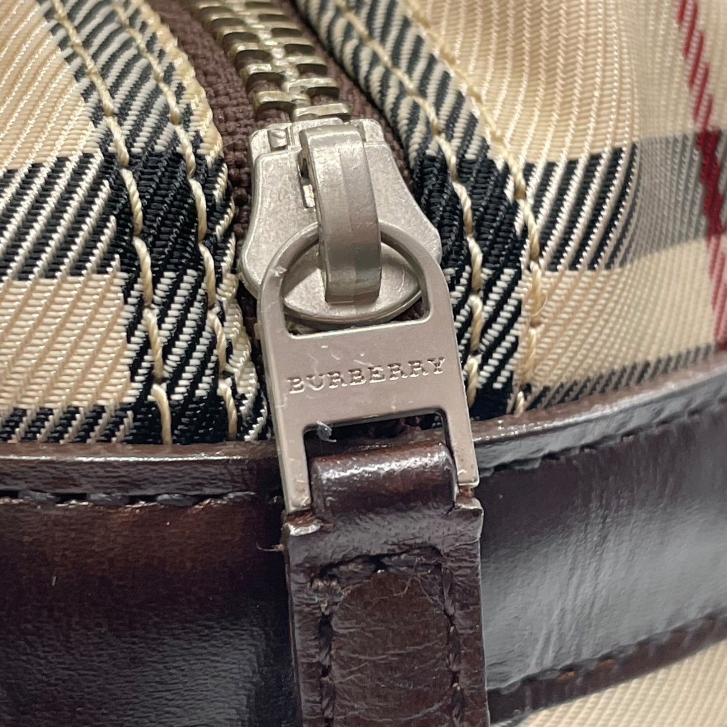美品 バーバリー BURBERRY ハウスチェック ノバチェック ボストンバッグ レザー キャンバス 茶色 ブラウン×ベージュ ロゴプレート C7