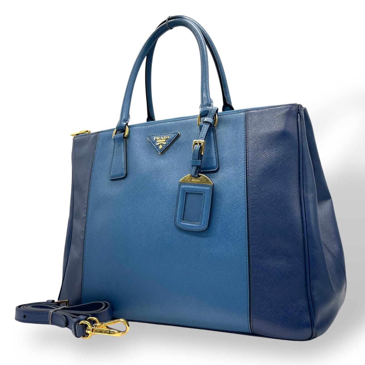 極美品 プラダ PRADA ガレリア ハンドバッグ トートバッグ 2way ショルダーバッグ サフィアーノレザー 三角ロゴ ブルー ゴールド金具 ハンドバッグ メンズ レディース A