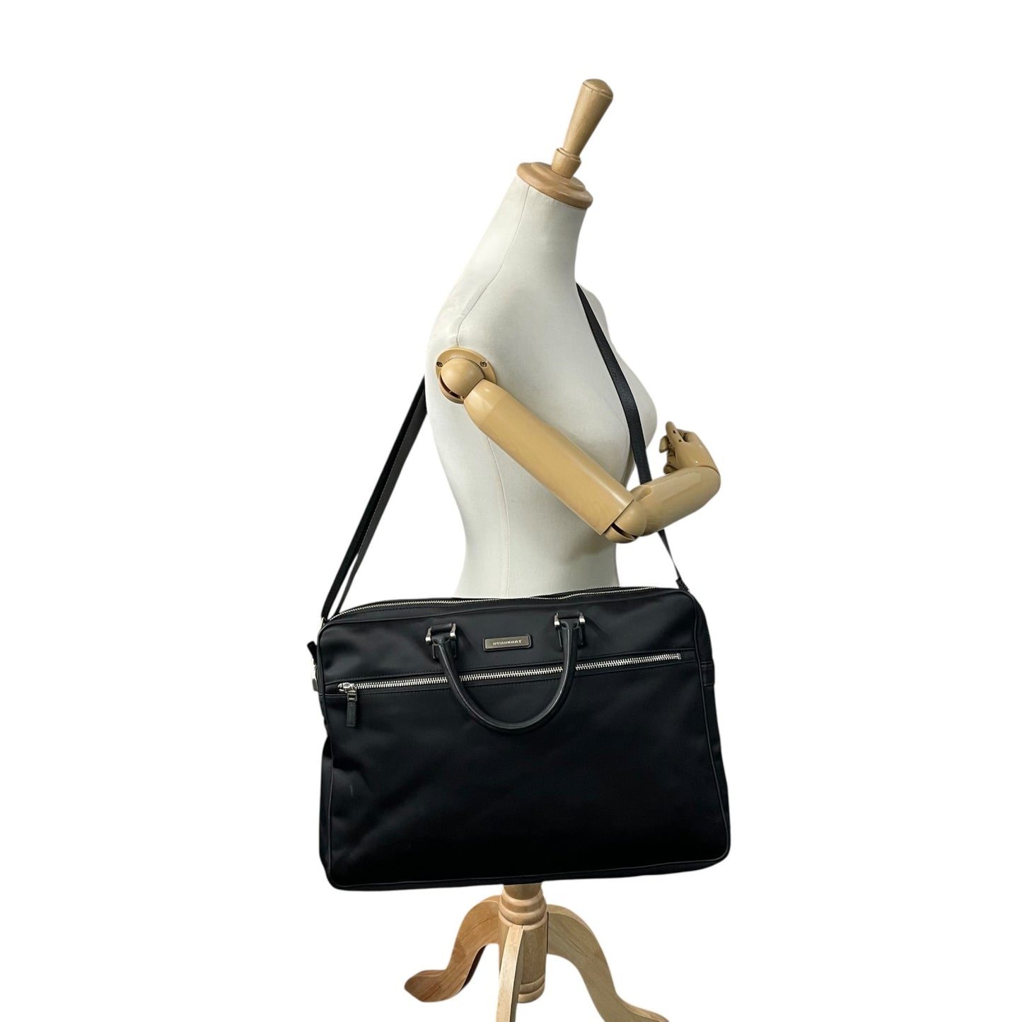 バーバリー BURBERRY ビジネスバッグ ブリーフケース ナイロン×レザー 黒 ブラック シルバー金具 2WAY メンズ E