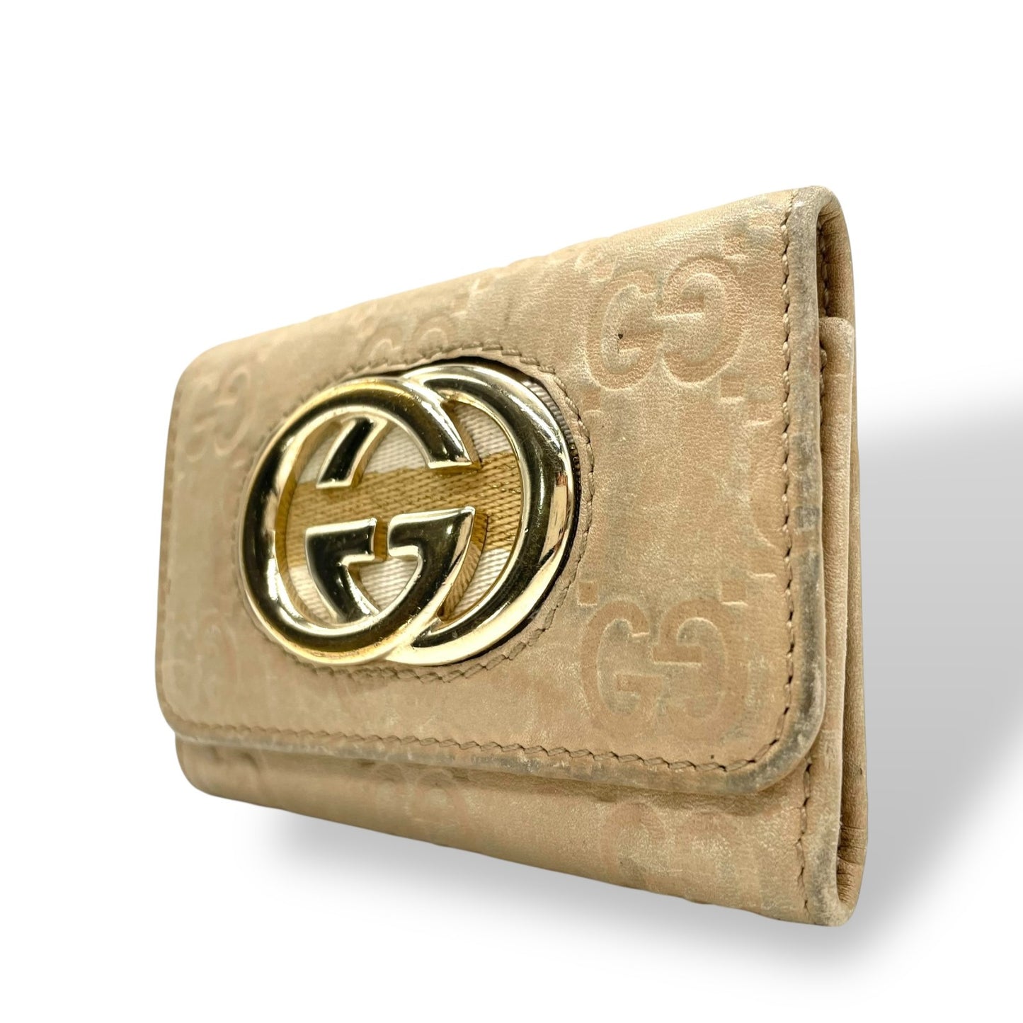 グッチ GUCCI グッチシマ 三つ折り キーケース インターロッキングG ベージュ レザー ゴールド金具 レディース M5