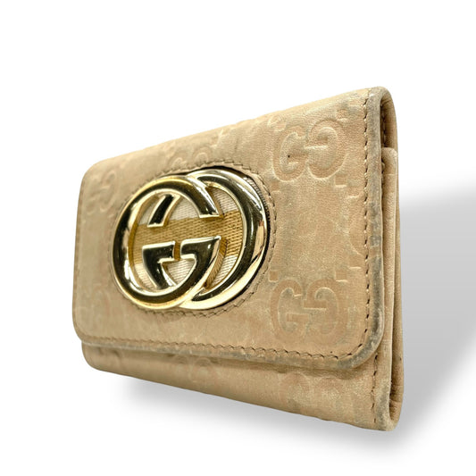 グッチ GUCCI グッチシマ 三つ折り キーケース インターロッキングG ベージュ レザー ゴールド金具 レディース M5