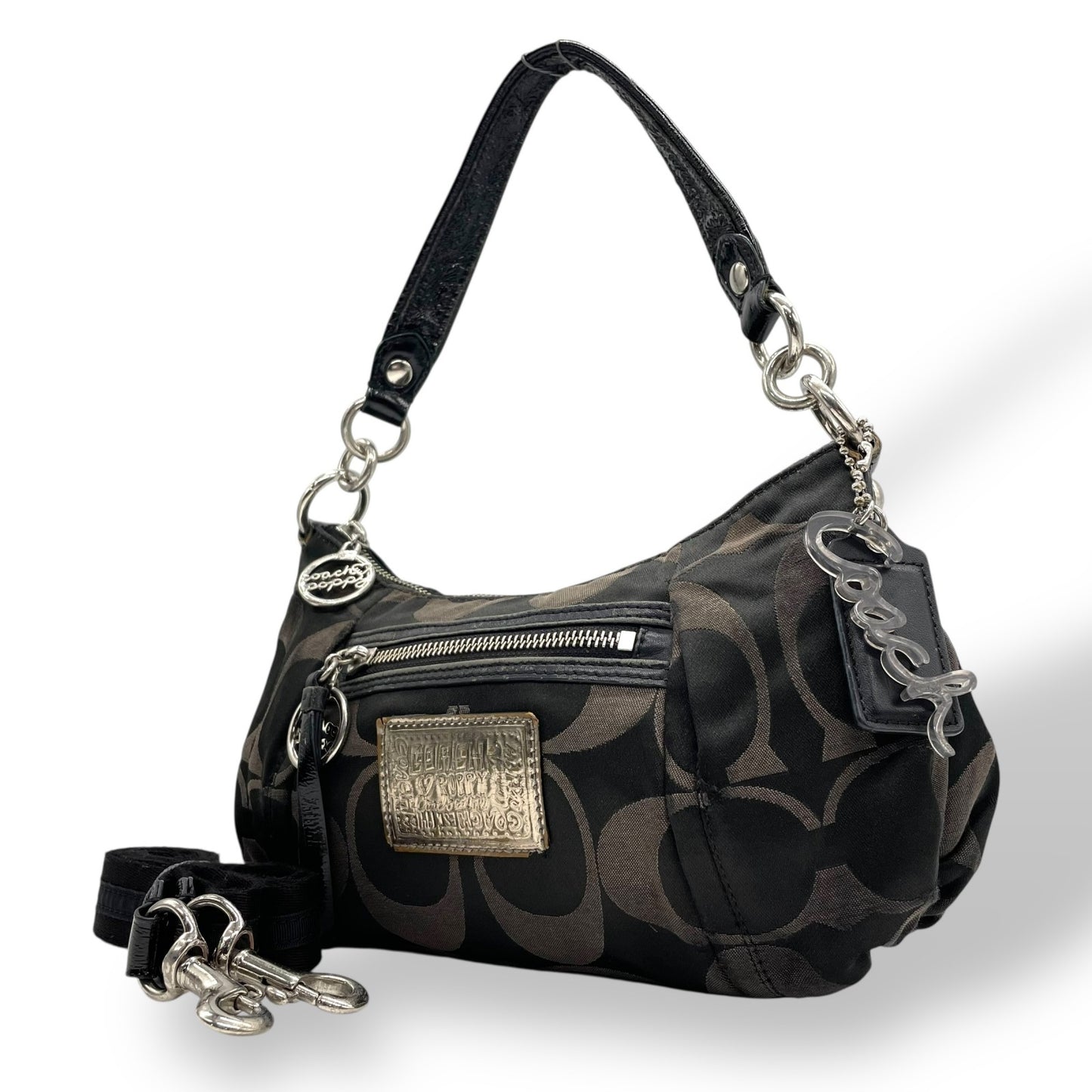 コーチ COACH 2WAY ハンドバッグ ショルダーバッグ ポピー シグネチャー 黒 ブラック キャンバス シルバー金具 手提げ 肩掛け可 斜め掛け可 ロゴ レディース U5