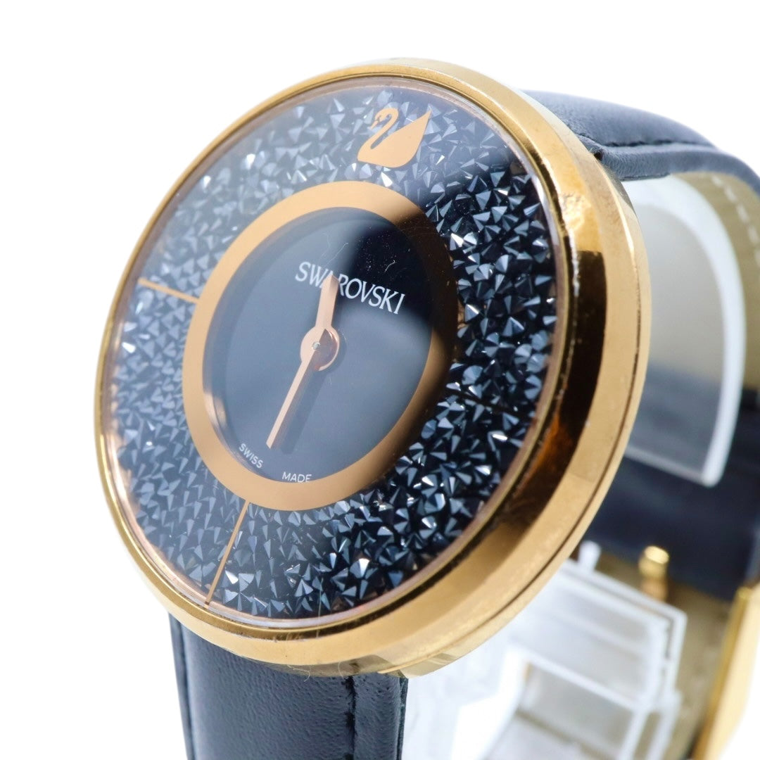 極美品 電池交換済 スワロフスキー 腕時計 5045371 レディース クオーツ ゴールド ブラックレザーベルト クリスタル アナログ ドレスウォッチ エレガント ラグジュアリー スワンロゴ スイス製 クリーニング済み G3