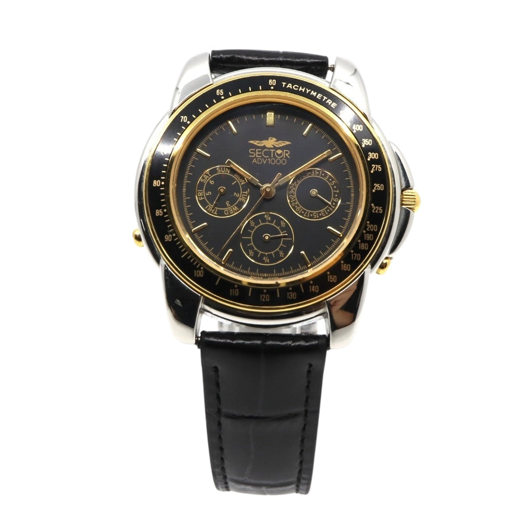 美品 電池交換済 新品ベルト セクター SECTOR ADV1000 腕時計 メンズウォッチ クロノグラフ タキメーター クォーツ ブラック文字盤 シルバー ゴールド ステンレス レザーベルト アナログ スポーツウォッチ 稼働品 G3