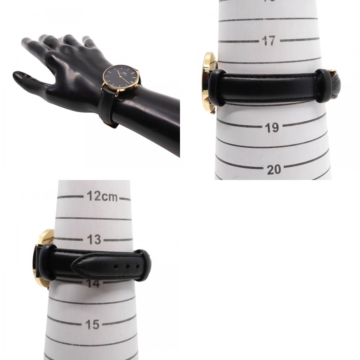 【美品／電池交換済】ダニエルウェリントン DW Petite 腕時計 レディース K32GB06 クオーツ アナログ ラウンド ブラック文字盤 ゴールドケース レザーベルト クラシック エレガント ミニマルデザイン クリーニング済 稼働品 G2