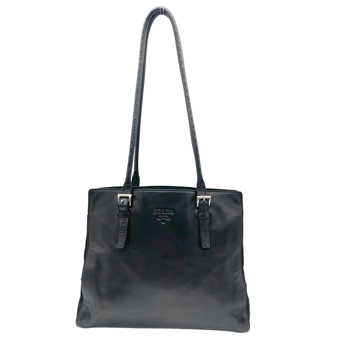 PRADA プラダ トートバッグ ワンショルダーバッグ 黒 ブラック NERO オールレザー シルバー金具 B5339 型押しロゴ 肩掛け可 ファスナー開閉 レディース D7