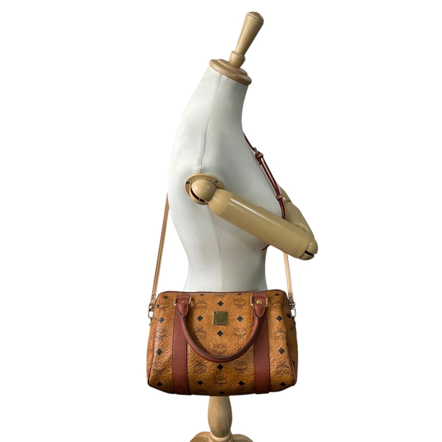 エムシーエム MCM ヴィセトス 2WAY ハンドバッグ ミニボストンバッグ ショルダーバッグ 茶 ブラウン コニャック レザー ゴールド金具 斜め掛け可 レディース C