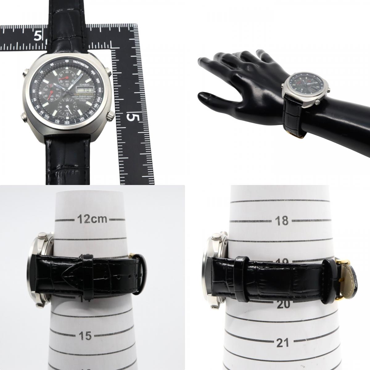 【稼働品】カシオ ティンバークルーザー TIC-100 腕時計 メンズ アナデジ クロノグラフ 20気圧防水 クオーツ ステンレス レザーベルト ブラック 黒文字盤 シルバー ヴィンテージ 希少 レトロ アウトドア G9