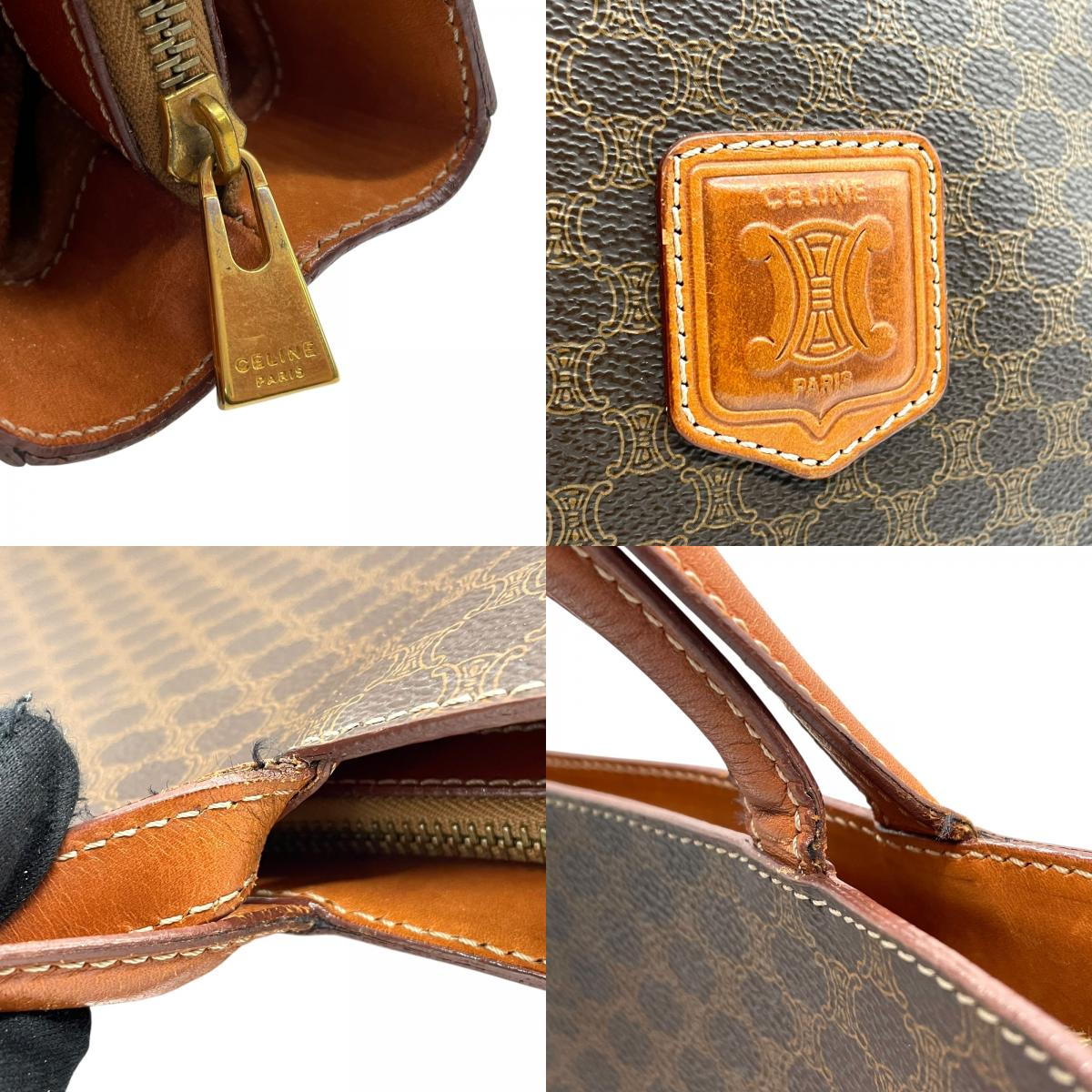 Authentic CELINE Vintage Macadam Handbag Brown PVC Leather Gold Hardware Tote Bag Women's