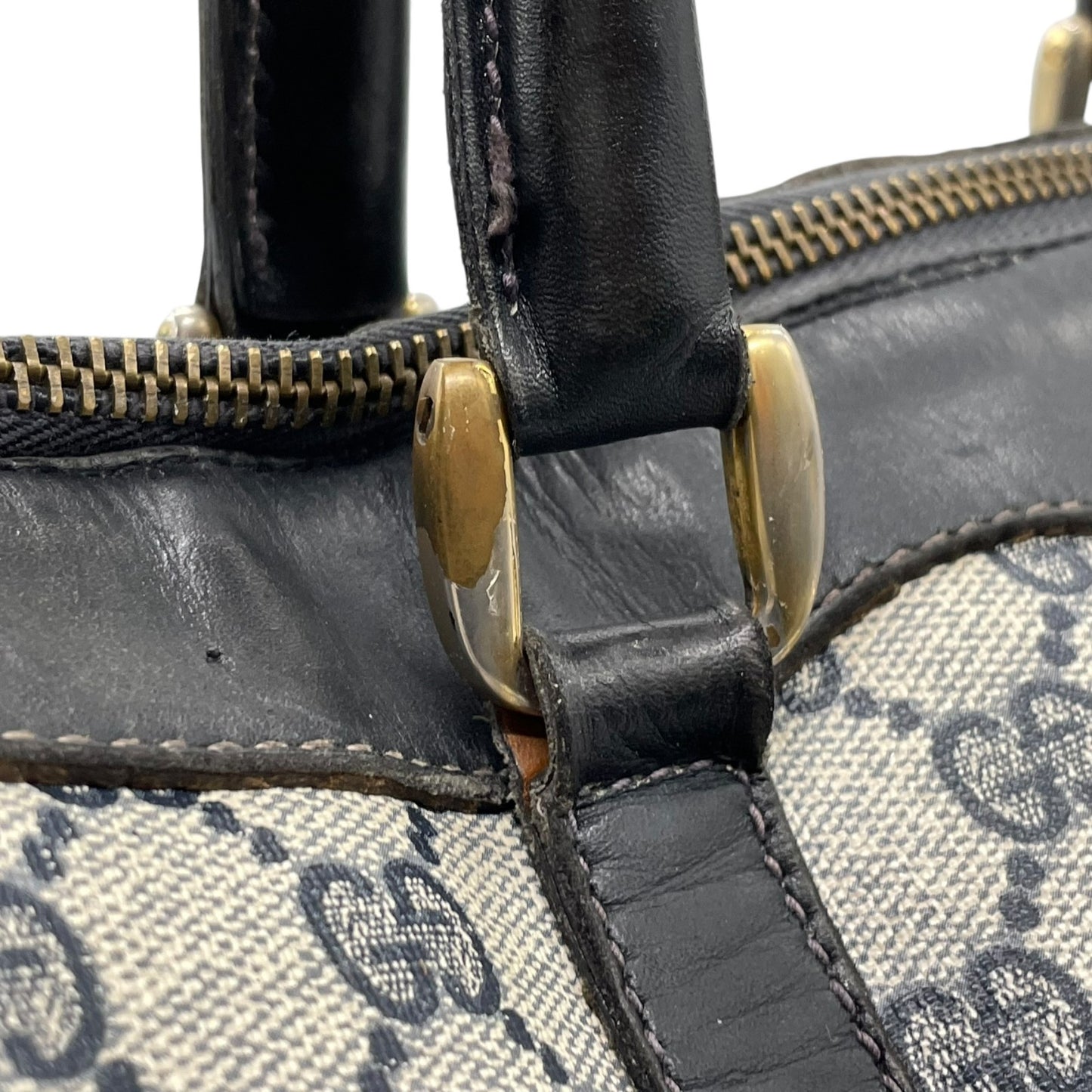 Authentic GUCCI GG Supreme Boston Bag Gray Navy PVC Leather Gold Hardware Vintage Women's Handbag GG Pattern