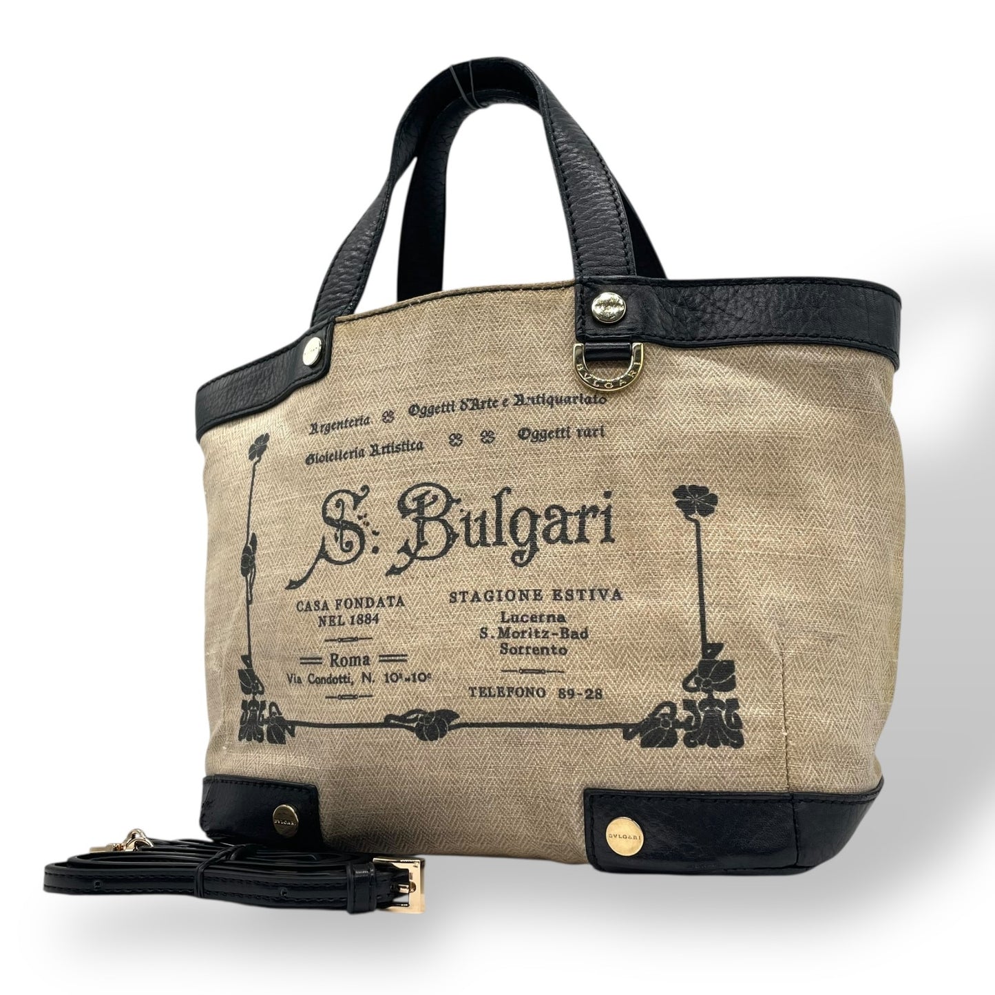 BVLGARI ブルガリ コレツィオーネ 2WAY ハンドバッグ トートバッグ ショルダーバッグ ロゴ キャンバス レザー ベージュ 黒 ブラック ゴールド金具 斜め掛け可 メンズ レディース K3