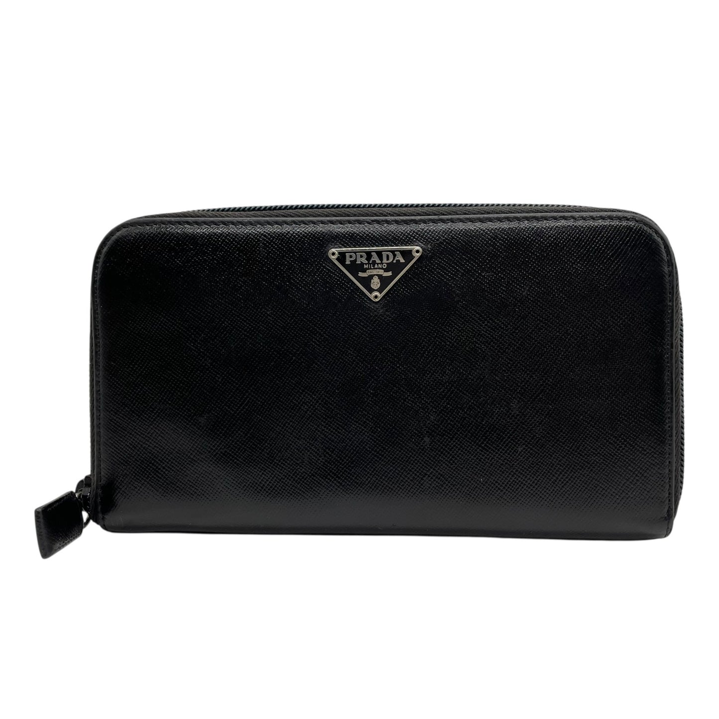 PRADA プラダ 三角プレートロゴ 長財布 ラウンドジップ サフィアーノ レザー トライアングルロゴ 黒 ブラック シルバー金具 メンズ レディース ギャランティカード付き H1
