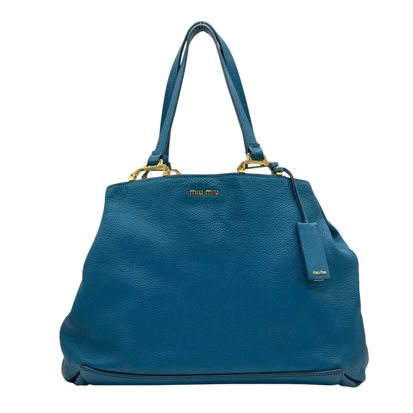 miumiu ミュウミュウ トートバッグ 青 ブルー 本革 レザー シボ革 大容量 肩掛け可能 A4収納 ゴールド金具 ポーチ付き レディース C4